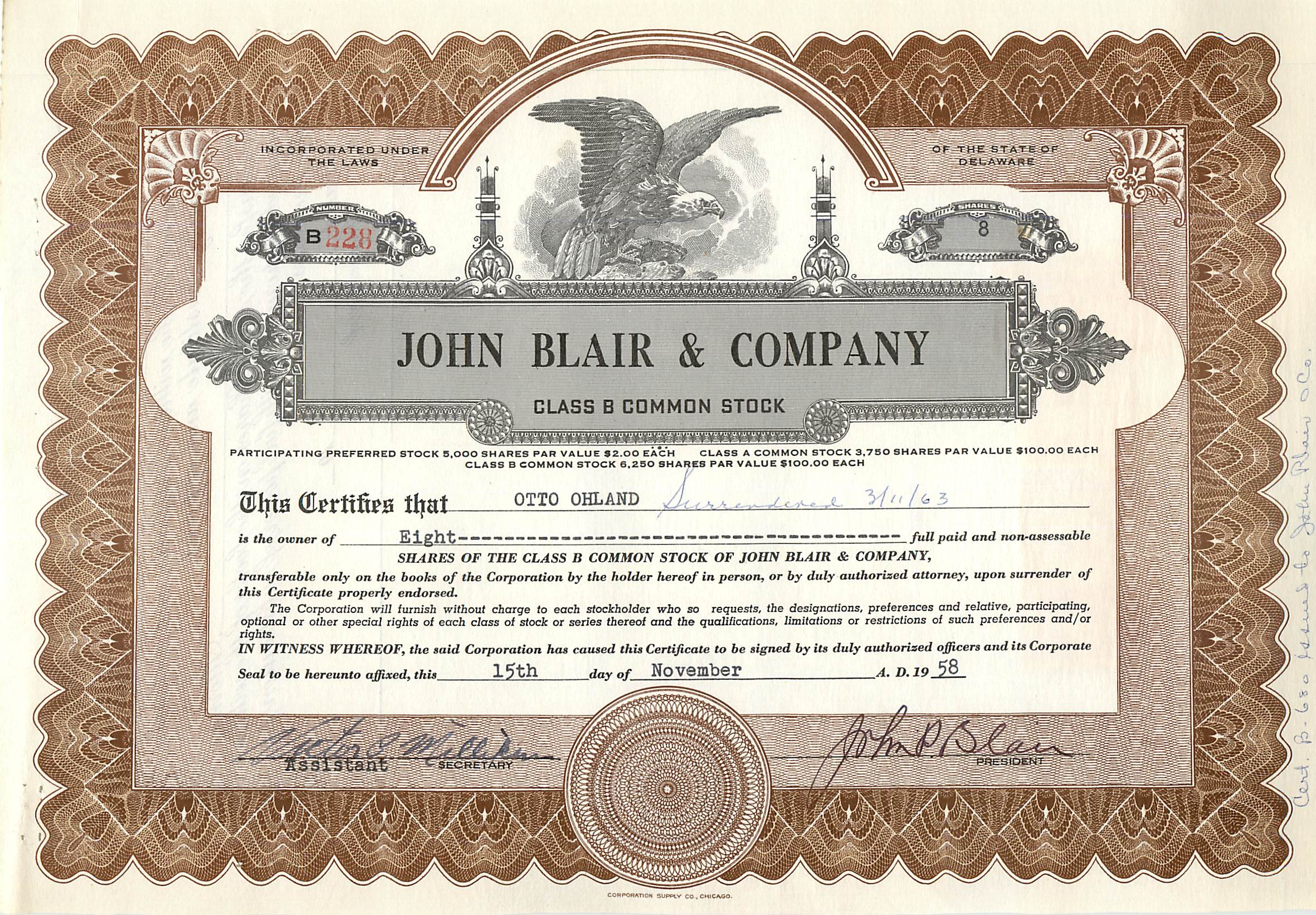 Certificat d'actions de la société John Blair & Company — Otto Ohland — 15 novembre 1958