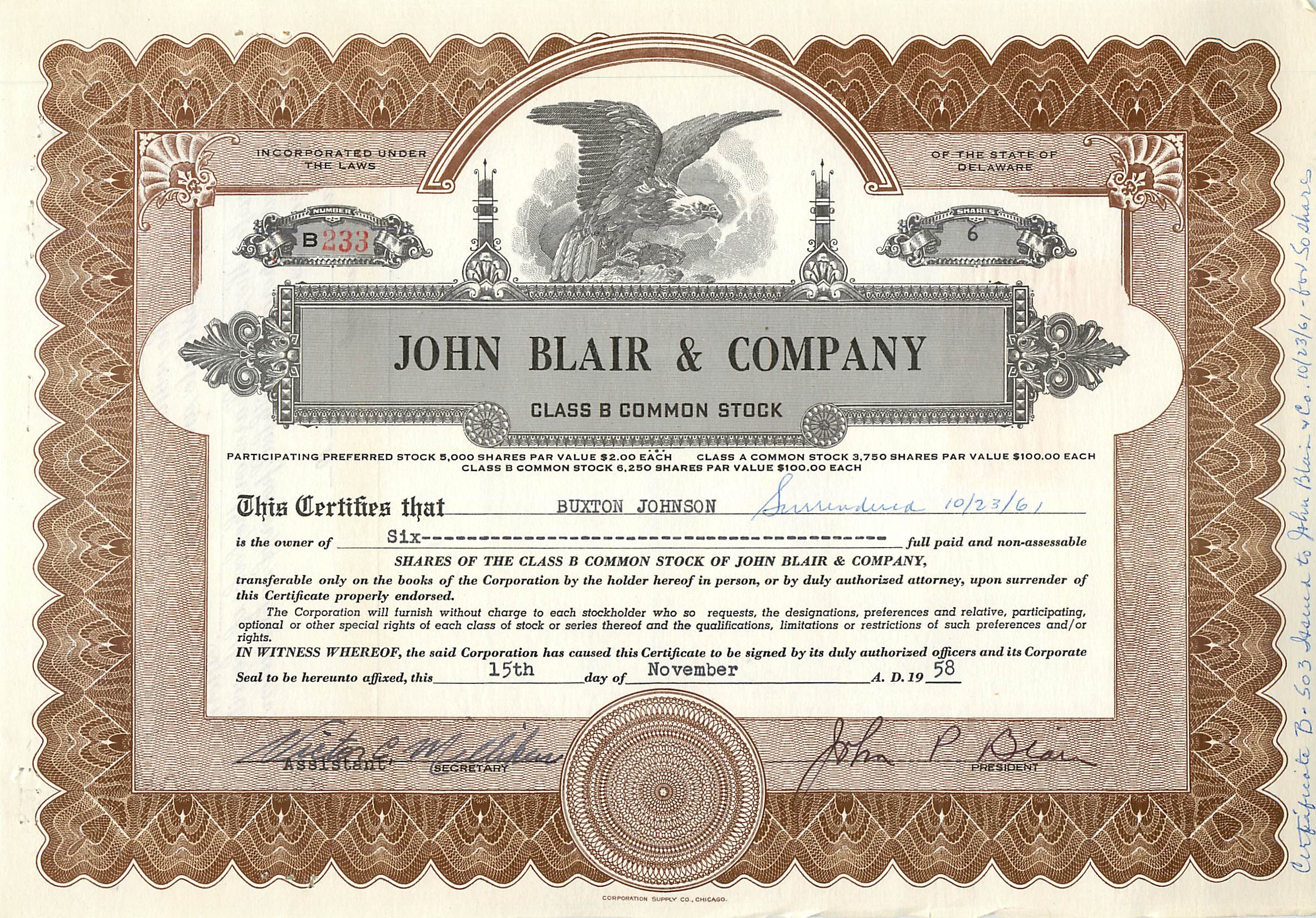 Certificat de parts de la société John Blair & Company — Delaware — n° B233