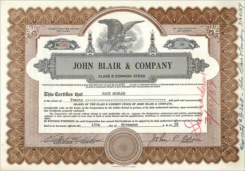 Aktienzertifikat von John Blair & Company — Klasse B — Verlag: Corporation Surety Co., Delaware