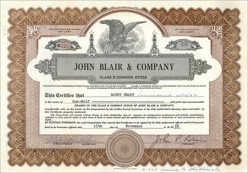 Certificado de acciones de John Blair & Company — Harry Smart — Delaware