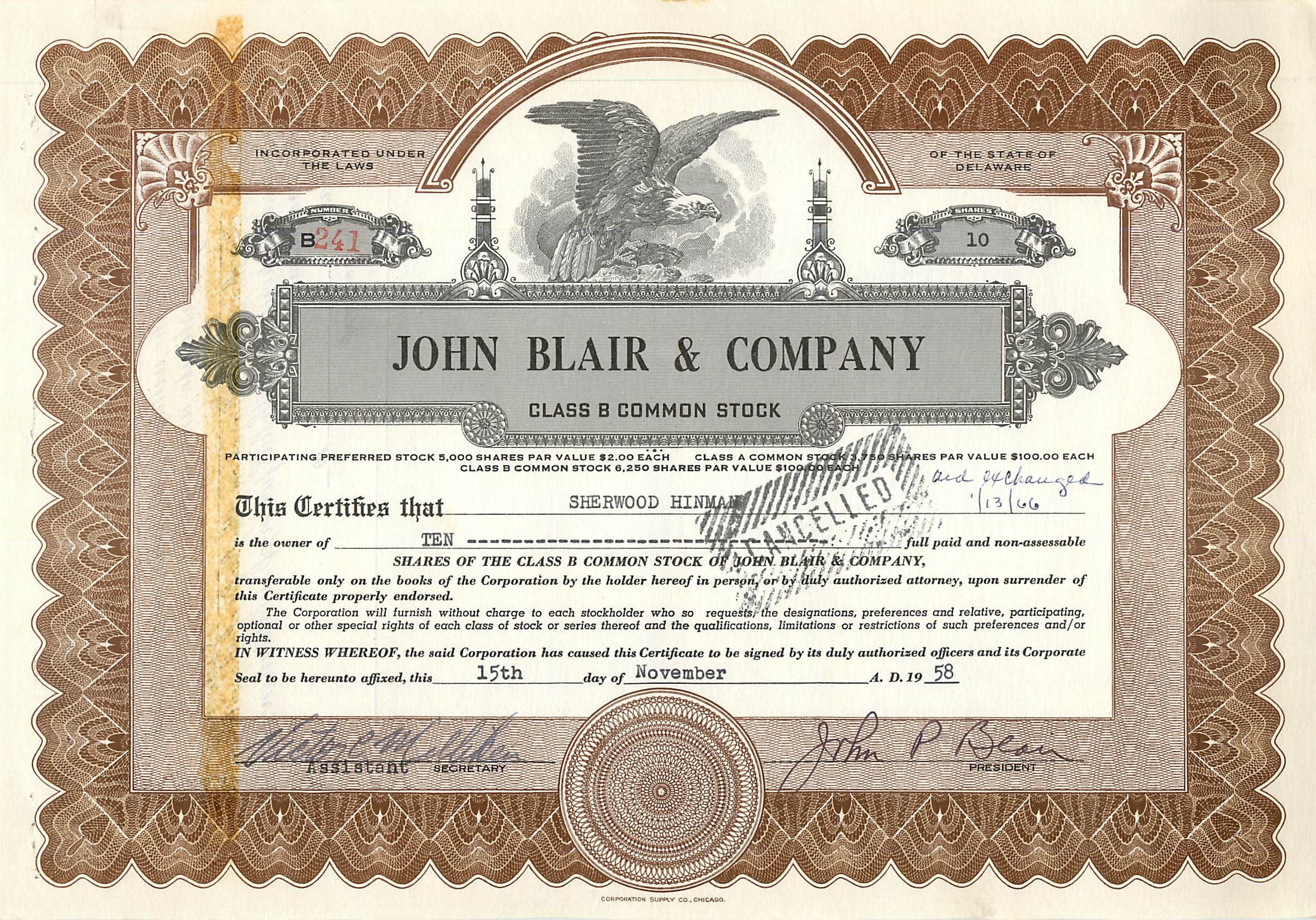 Aandelenbewijs van de maatschappij John Blair & Company — Chicago, Illinois — uitgever Corporation Supply Co.