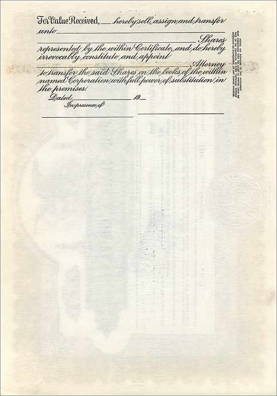 Aandelenbewijs van de maatschappij John Blair & Company — Chicago, Illinois — uitgever Corporation Supply Co. — Achterkant