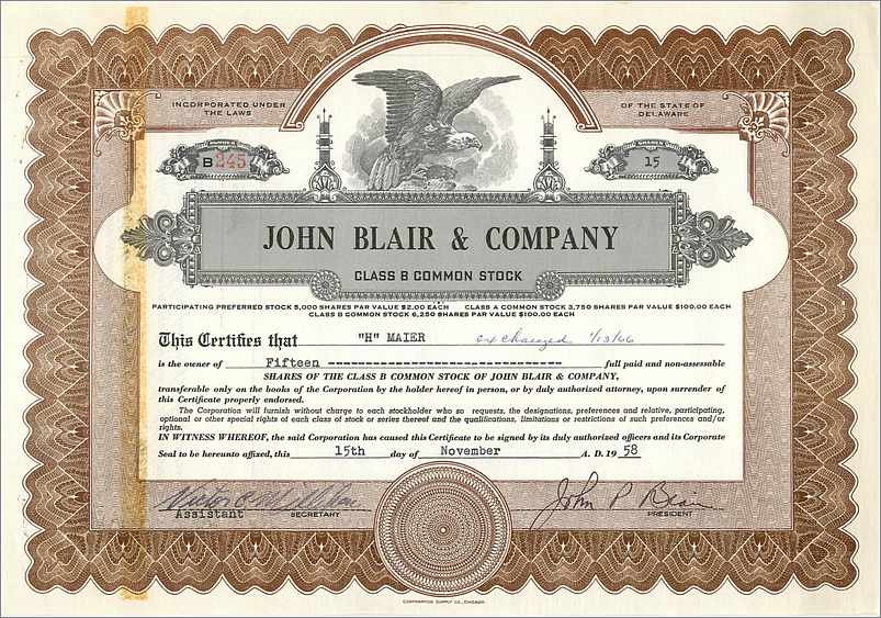 Certificat de parts de la société John Blair & Company — Classe B — émis à Chicago