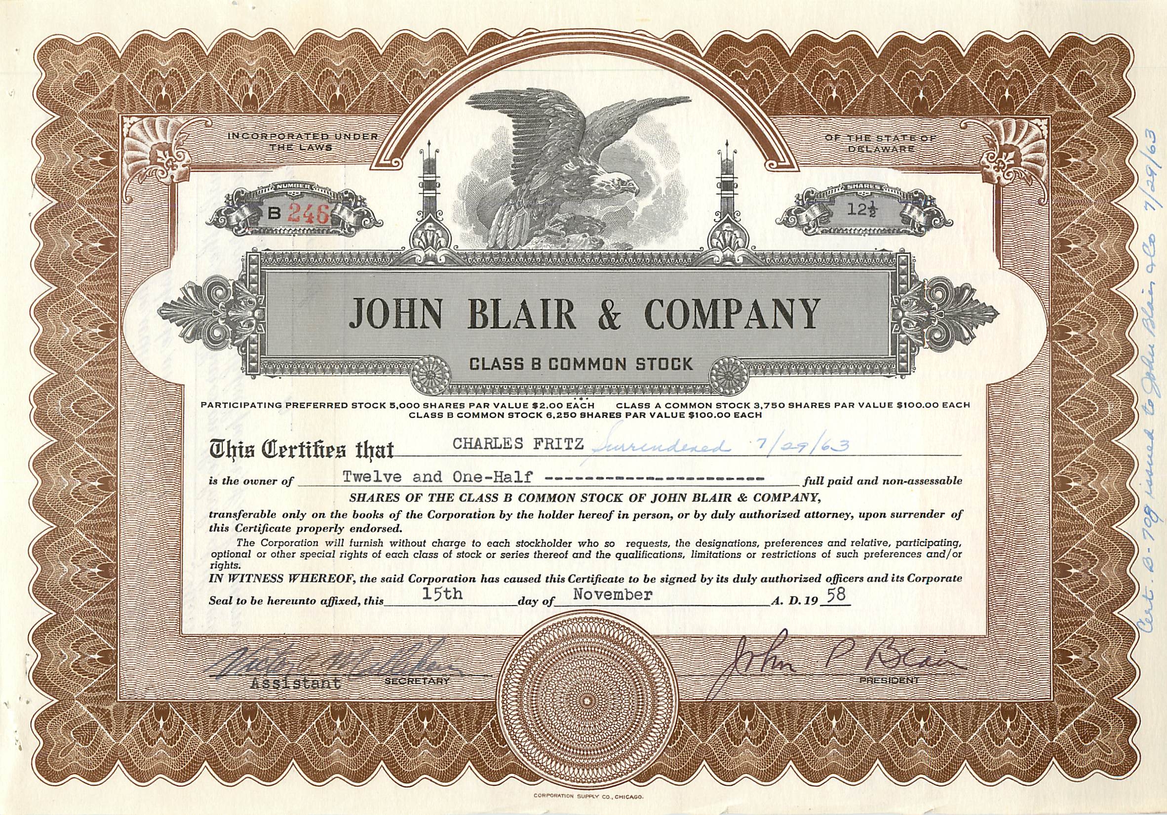 Certificat d'actions de John Blair & Company — Classe B — éditeur Corporation Supply Co. Chicago