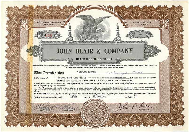 Action de certificat de parts de John Blair & Company — Classe B — éditeur Corcoran Supply Co.