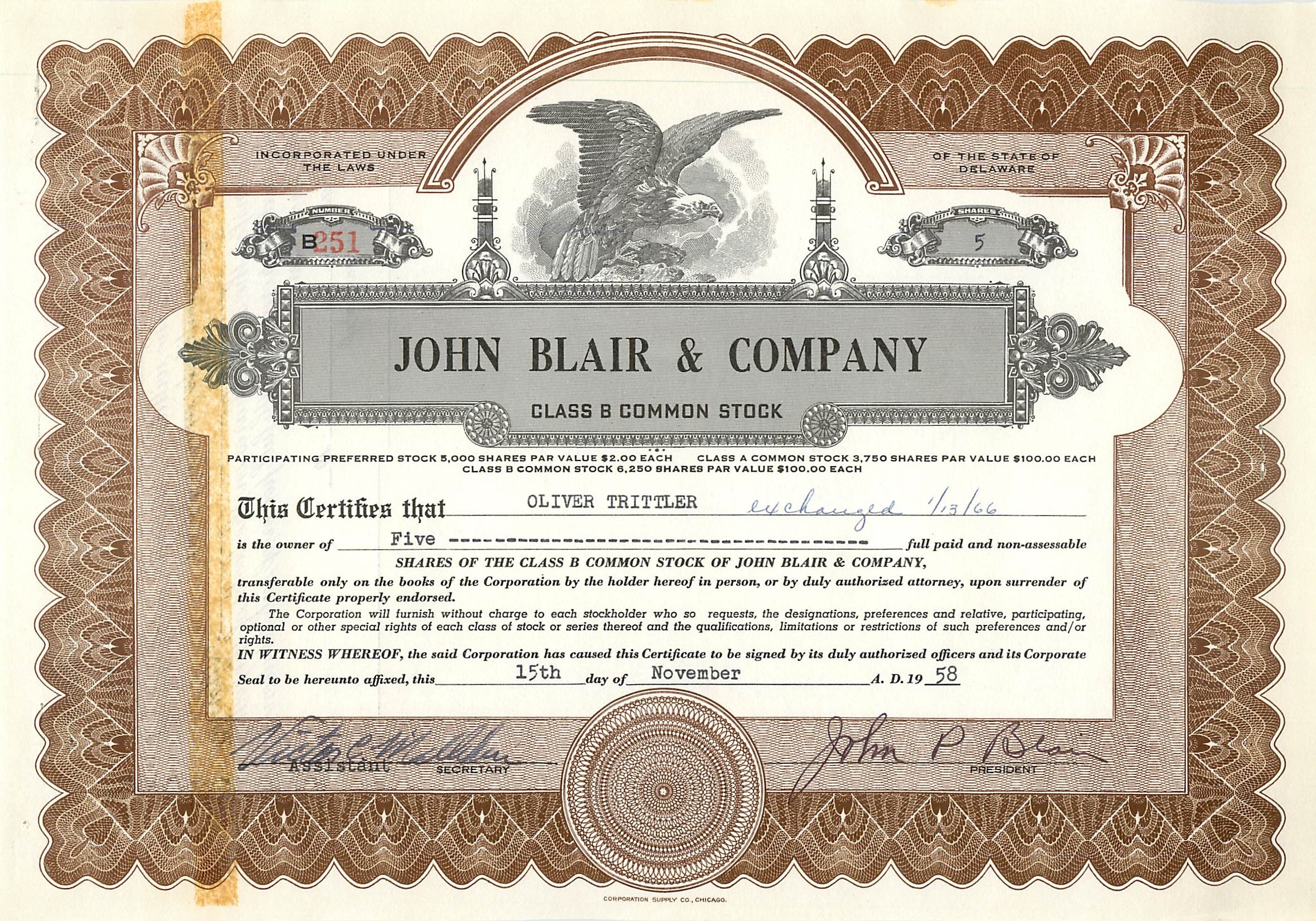 Certificat de parts de la société John Blair & Company — Classe B — éditeur Corporate Supply Co. Chicago