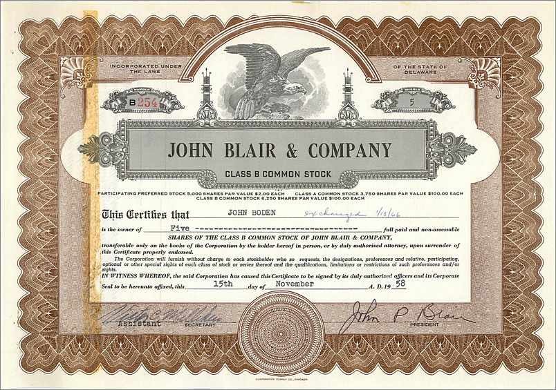 Certificat de parts de John Blair & Company — Delaware — n° B254