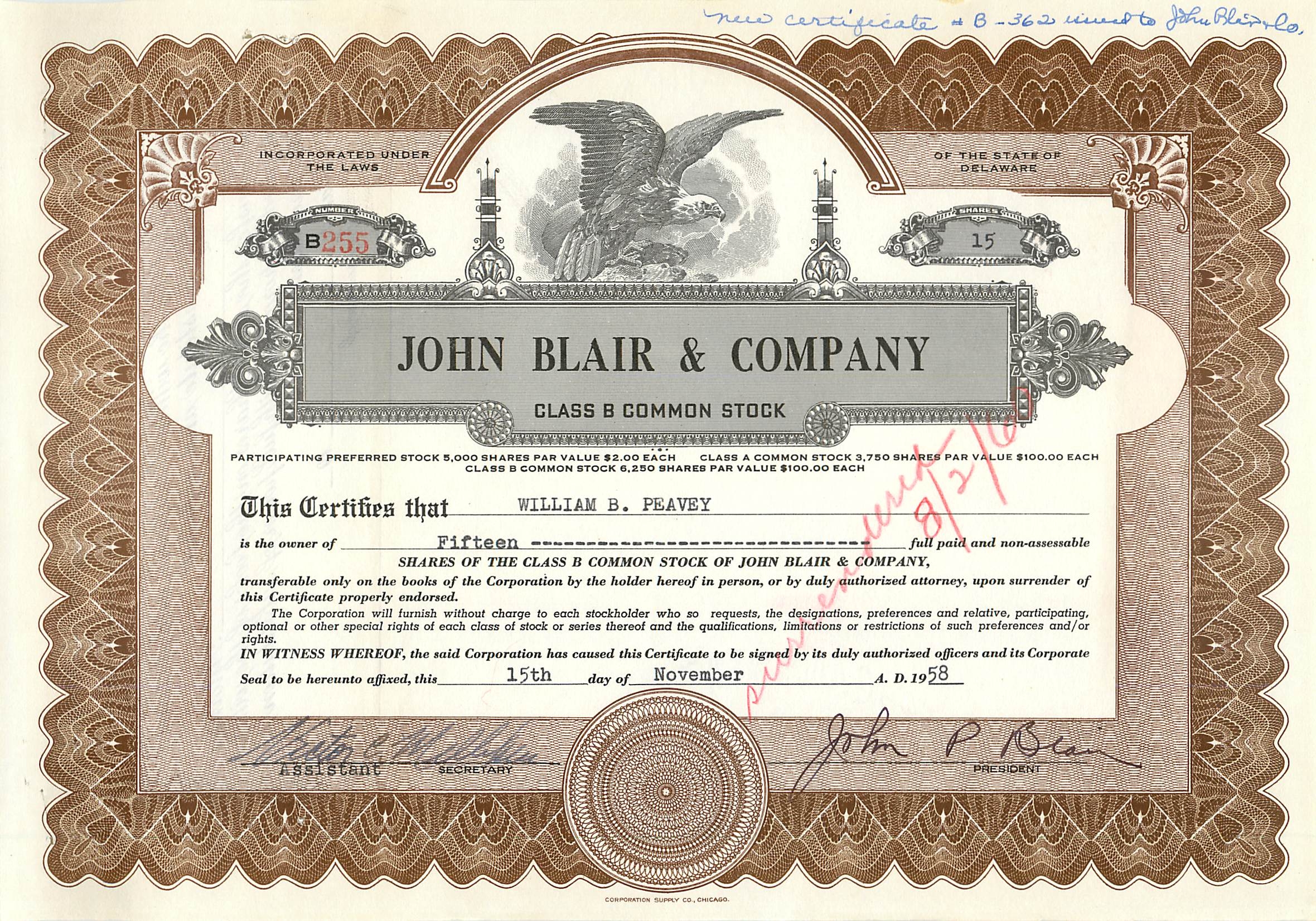 Aandelenbewijs van John Blair & Company — Delaware — nr. B-255