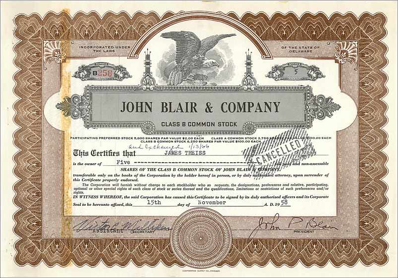 Aktie der John Blair & Company — Aktie der Klasse B — Stempel 'CANCELLED' — Serie B250