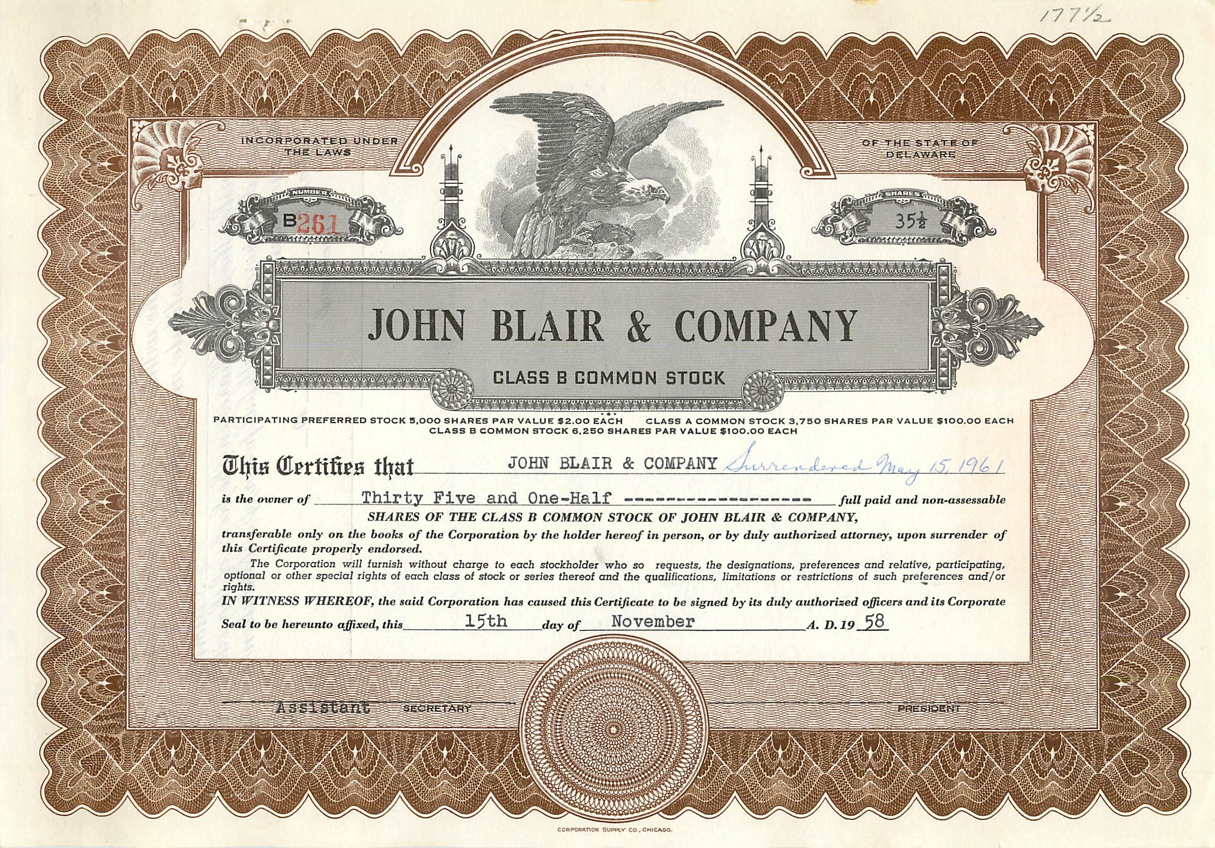 John Blair & Company — Certificat de 35,5 actions de classe B — Corporation de Delaware