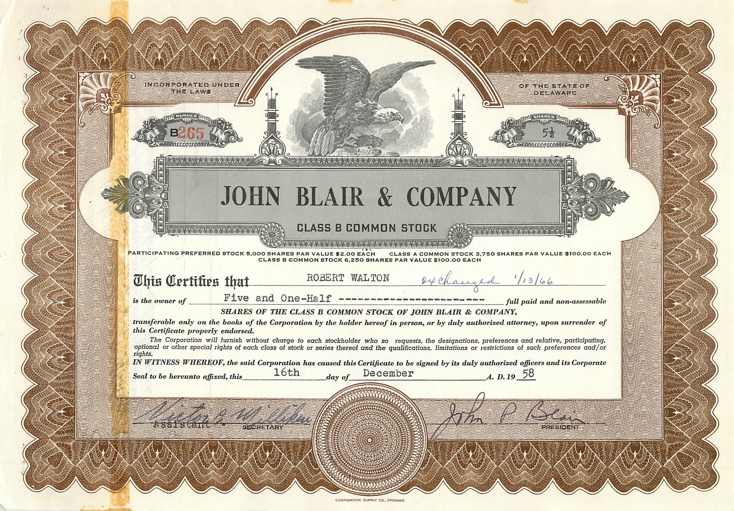 Certificat de parts de la société John Blair & Company — Delaware — n° B265
