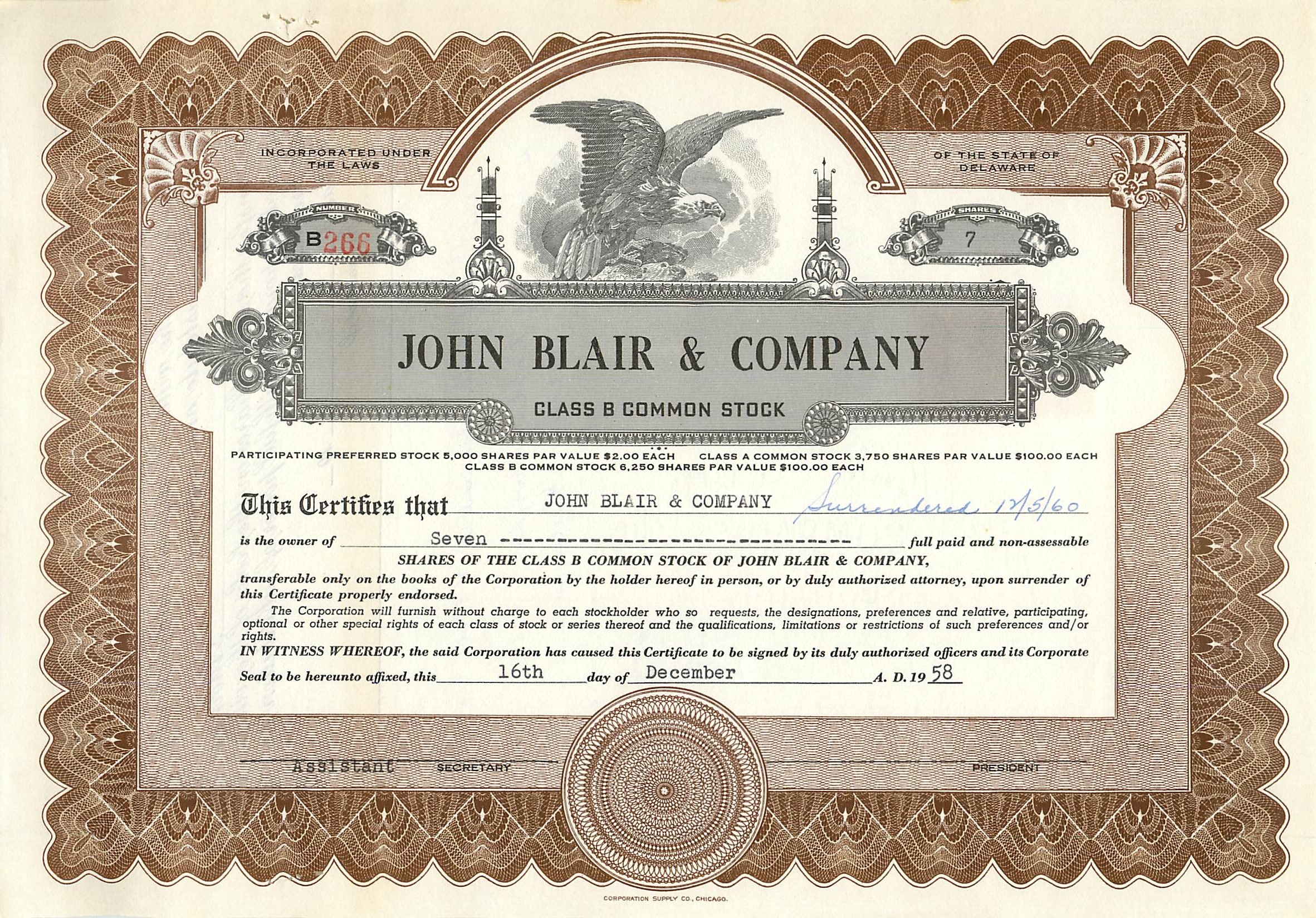 John Blair & Company — Action de la classe B — Corporation incorporée sous les lois de l'État de Delaware — N° B266