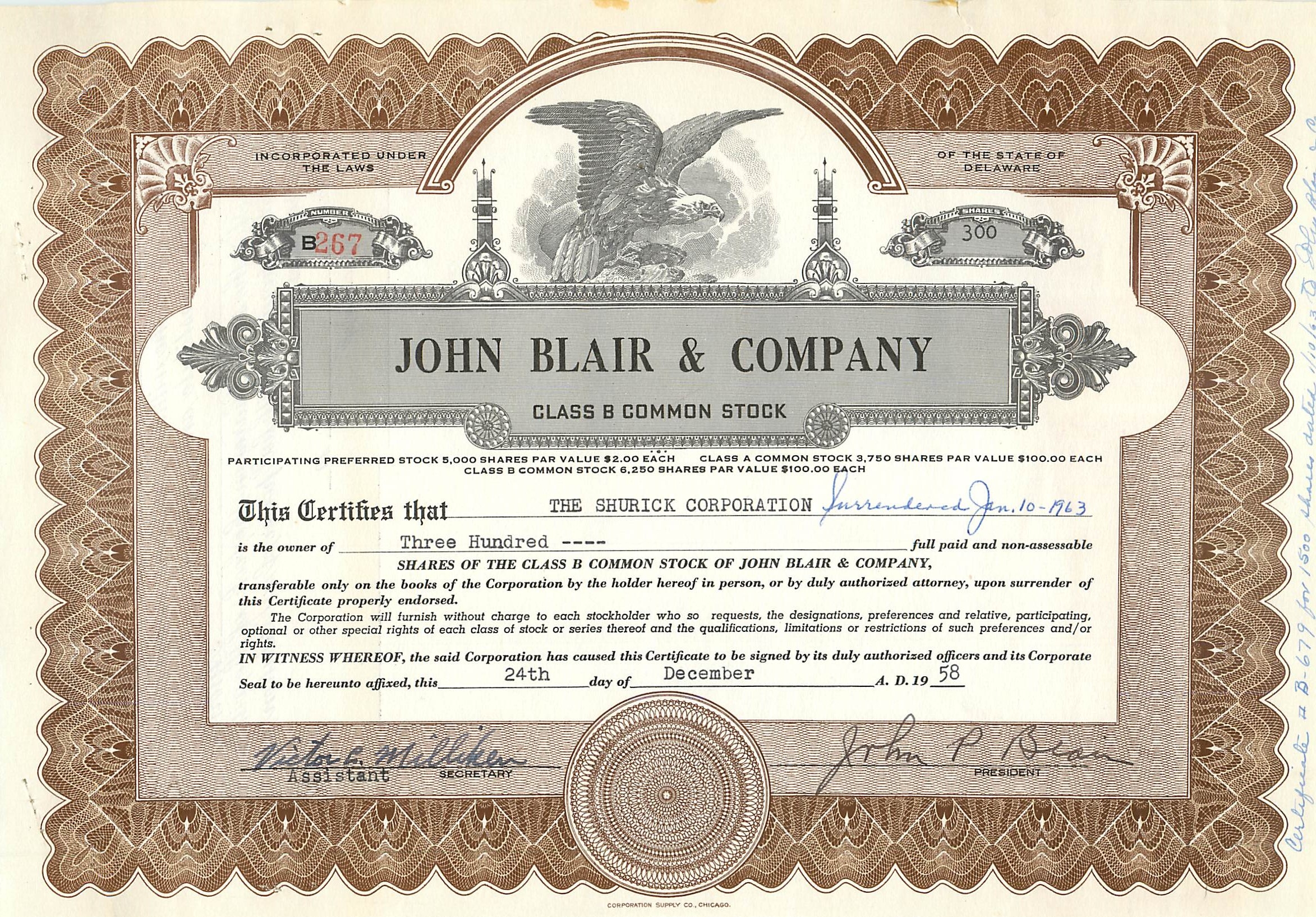 Acción de la sociedad John Blair & Company — acción de clase B — editor Corporation Supply Co. Chicago