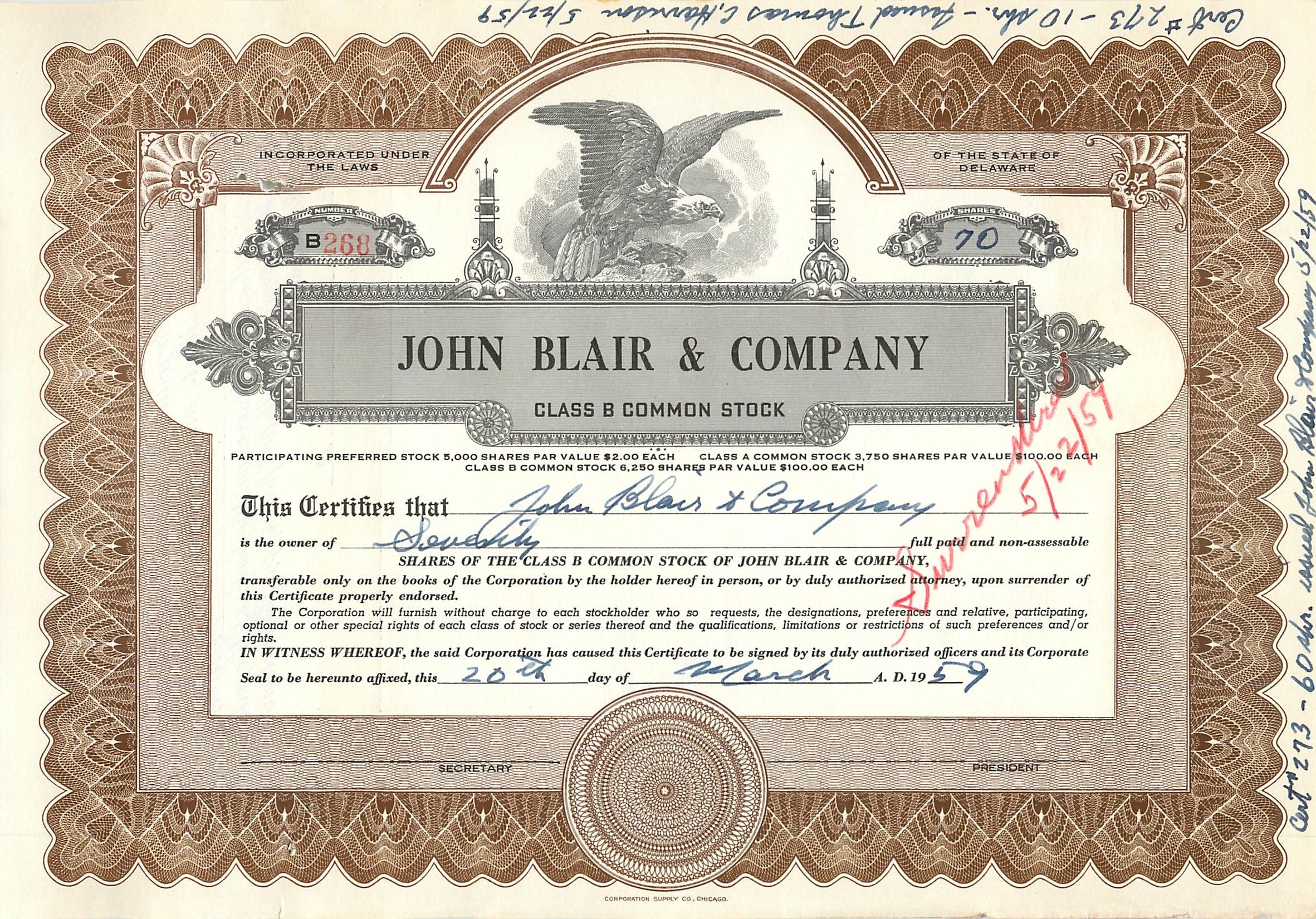 Aandelenbewijs van de maatschappij John Blair & Company — Delaware — n° B268