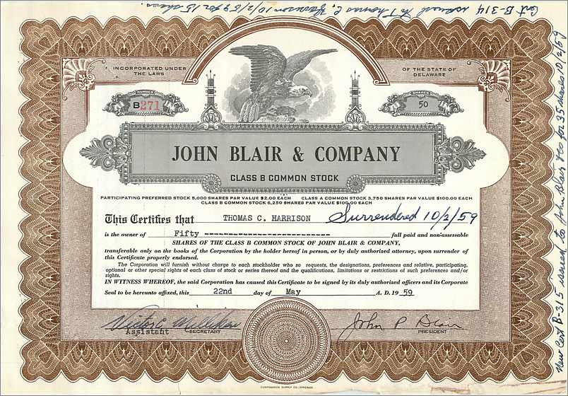Acción de transferencia de acciones de la sociedad John Blair & Company — editor Corporation Supply Co., n° B-371