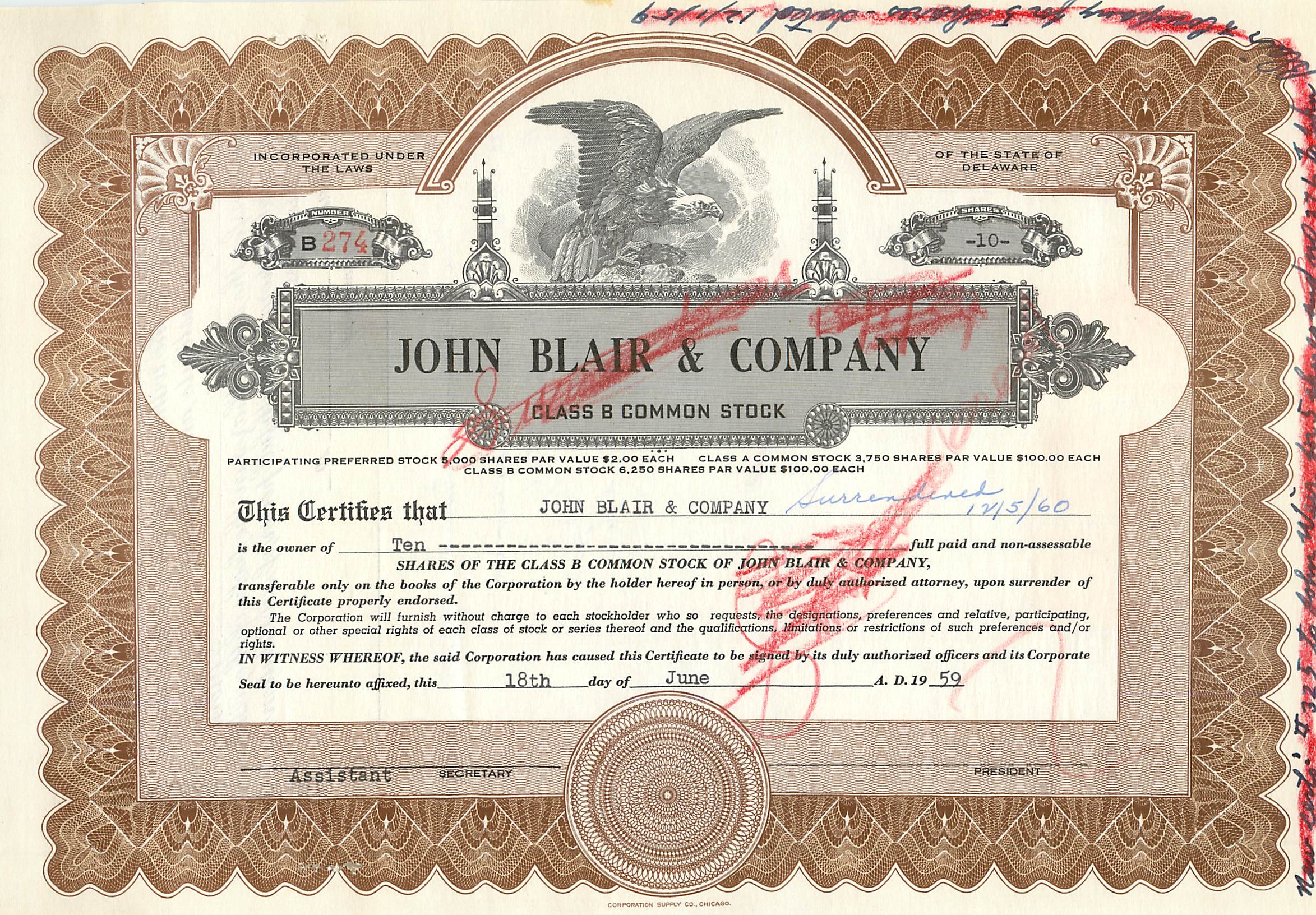 John Blair & Company — certificat de 10 actions de classe B — Corporation Supply Co. Chicago