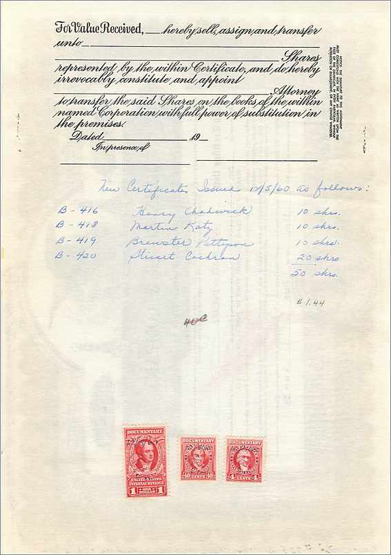 John Blair & Company — certificado de 10 acciones de clase B — Corporation Supply Co. Chicago — Reverso