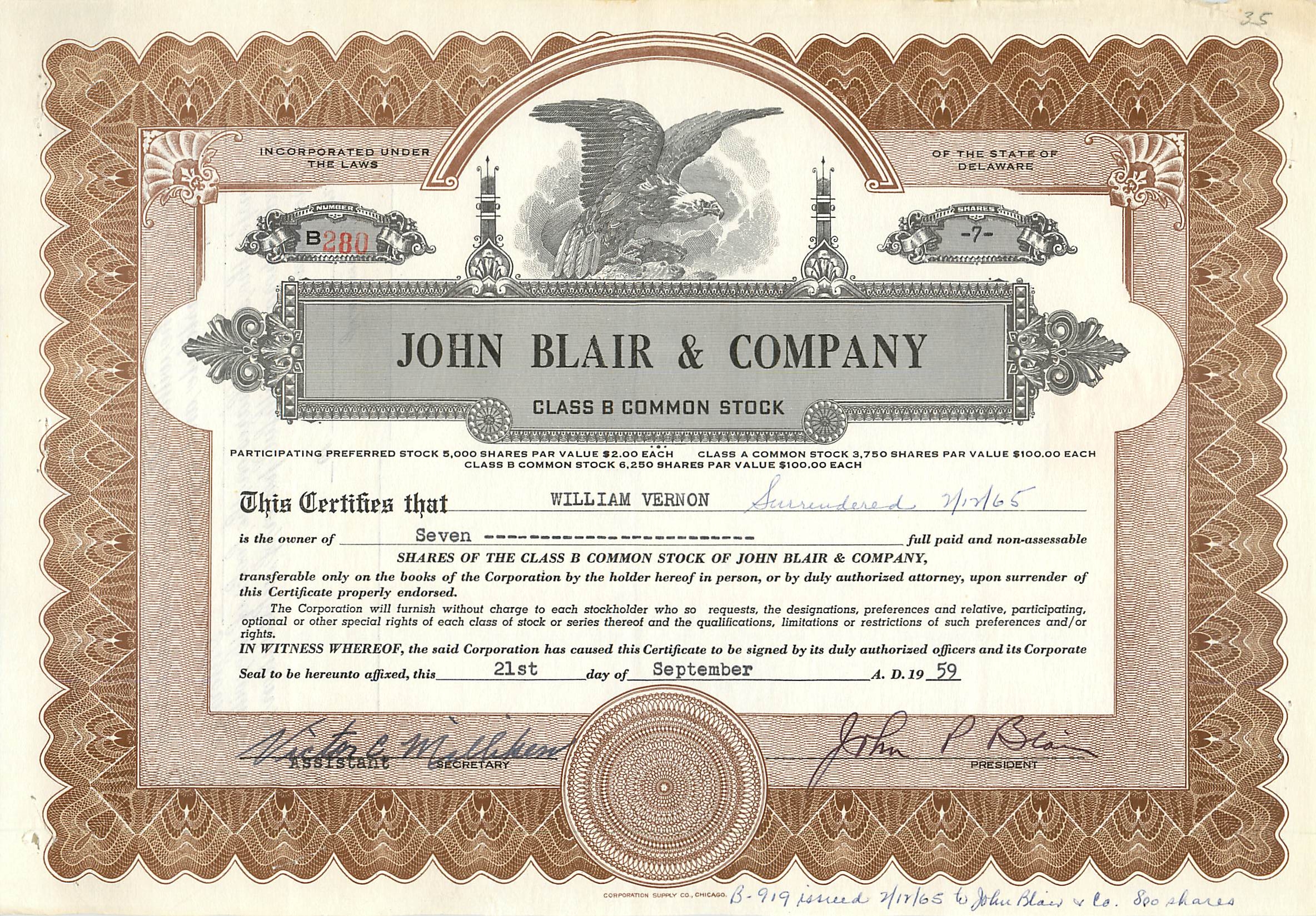 Certificat de parts de la société John Blair & Company — Delaware — série B280
