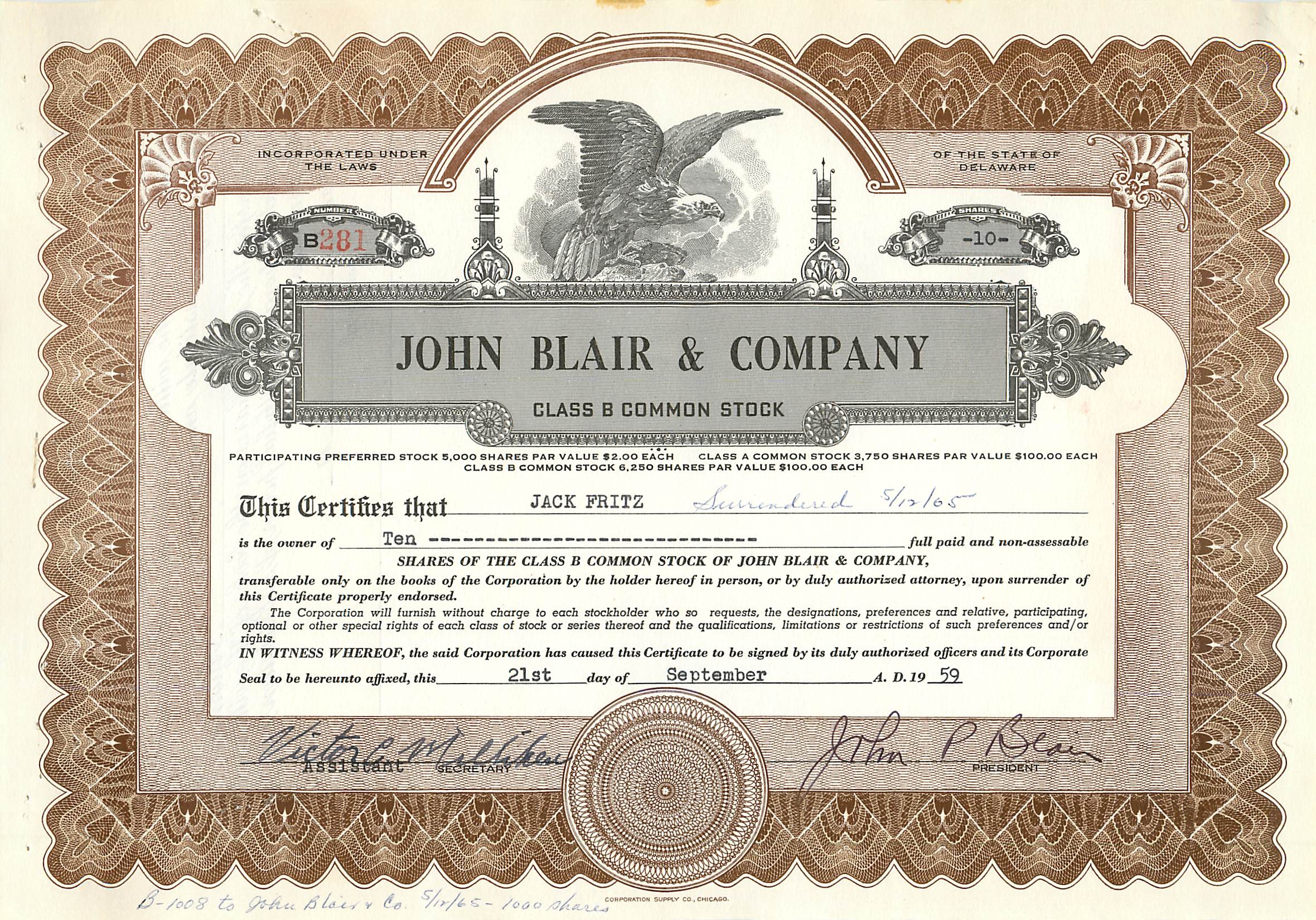 Certificat d'actions de la société John Blair & Company — Classe B — éditeur Corporation Co. Chicago