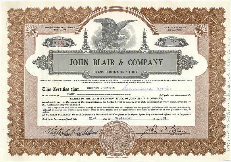 Certificato d'azioni di John Blair & Company — Buxton Johnson — 21 settembre 1959