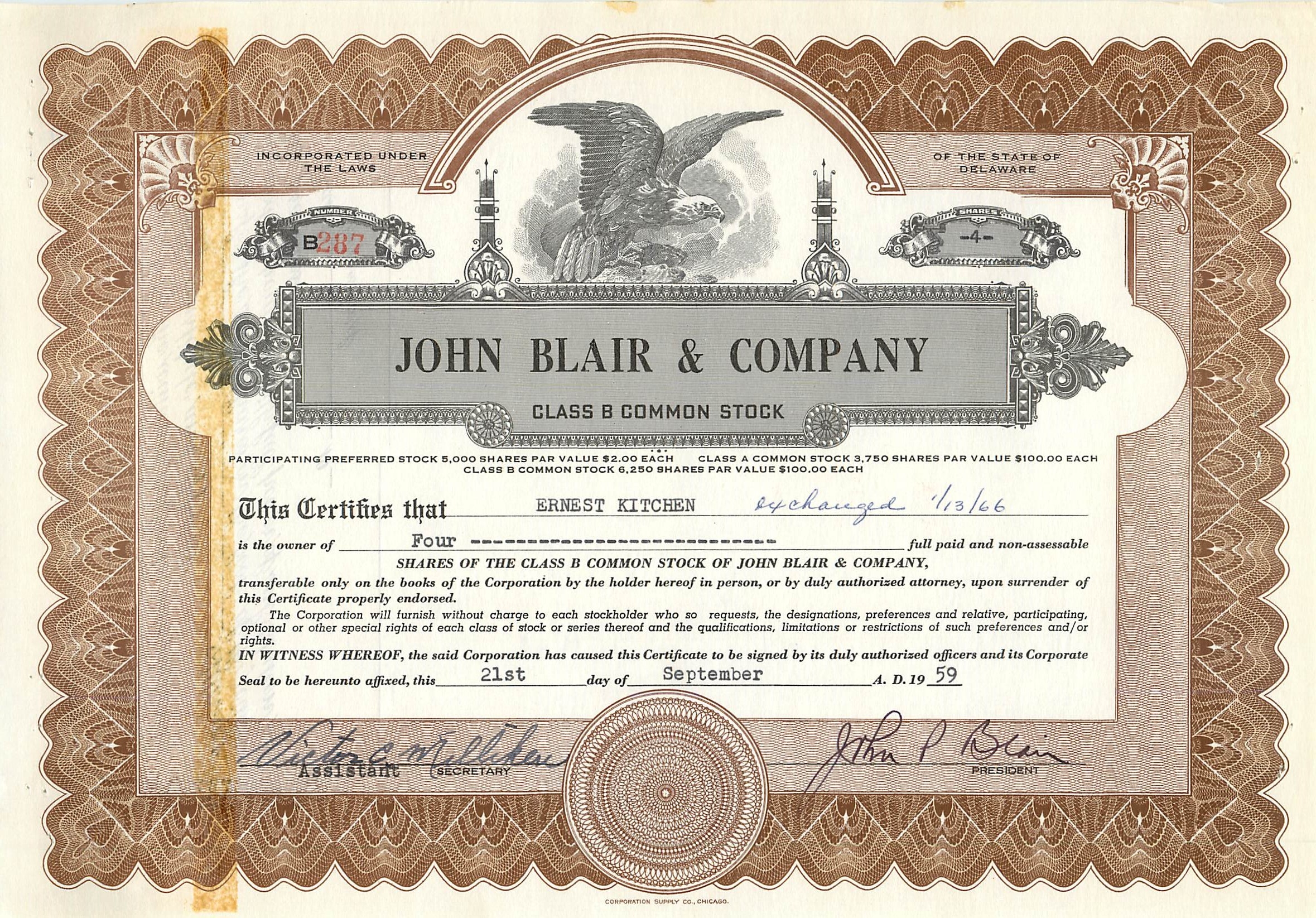 Certificat d'actions de John Blair & Company — Classe B — éditeur Corporation Supply Co. Chicago