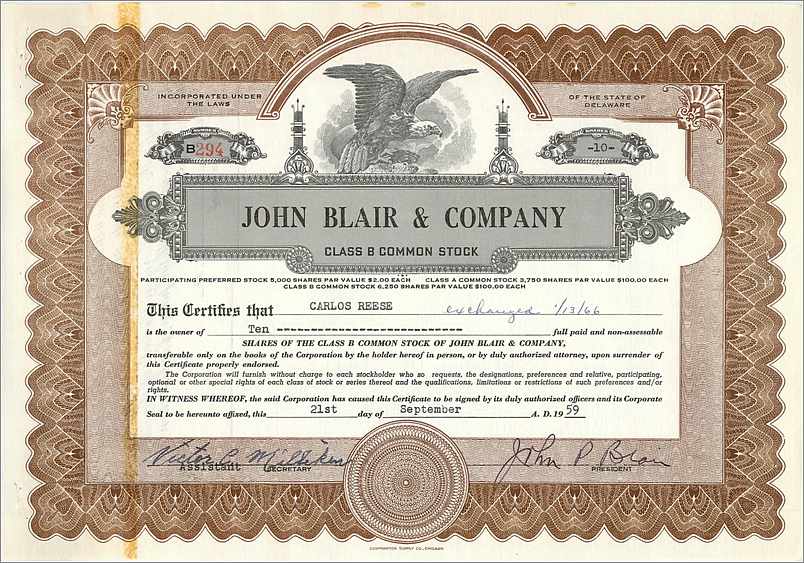 Certificat de parts de la société John Blair & Company — Delaware — n° B294