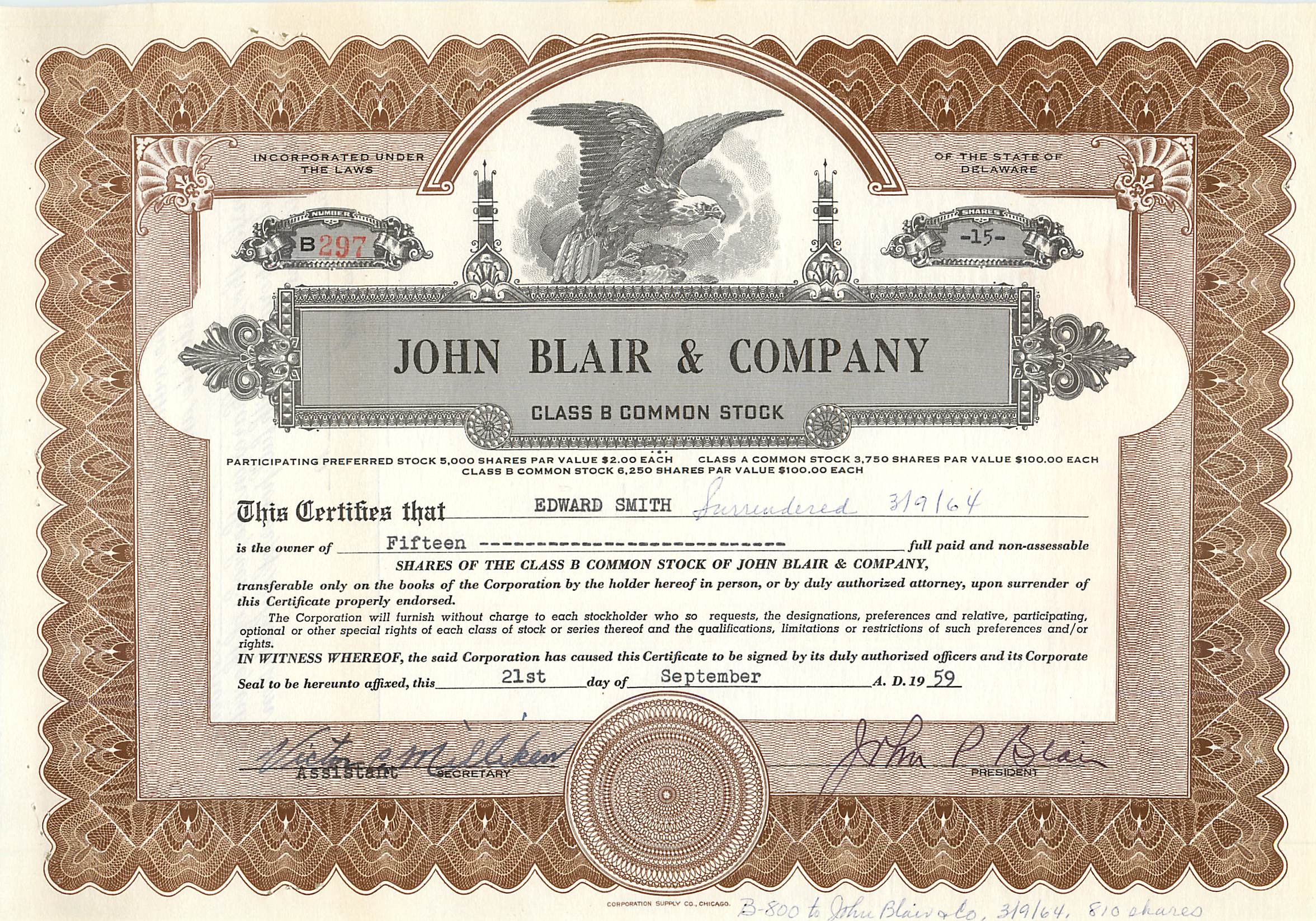 Certificato di quote di John Blair & Company — Delaware — editore Corporation Supply Co. Chicago
