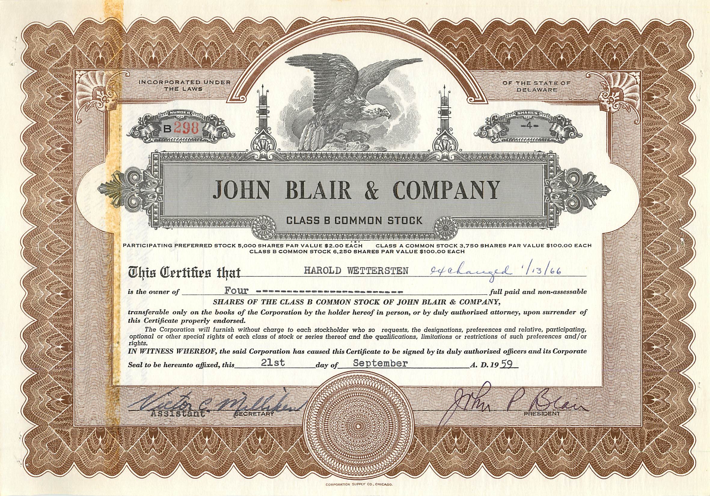 Certificado de acciones de John Blair & Company — Clase B — editor Corrigan & Co. Chicago