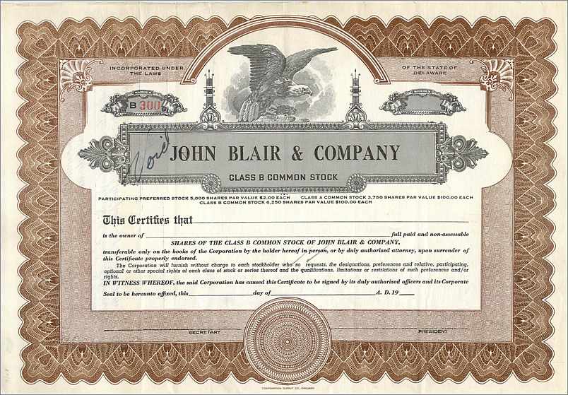 John Blair & Company — Aktie der Klasse B — Verleger: Commercial Safety Fd. Co. (Delaware)