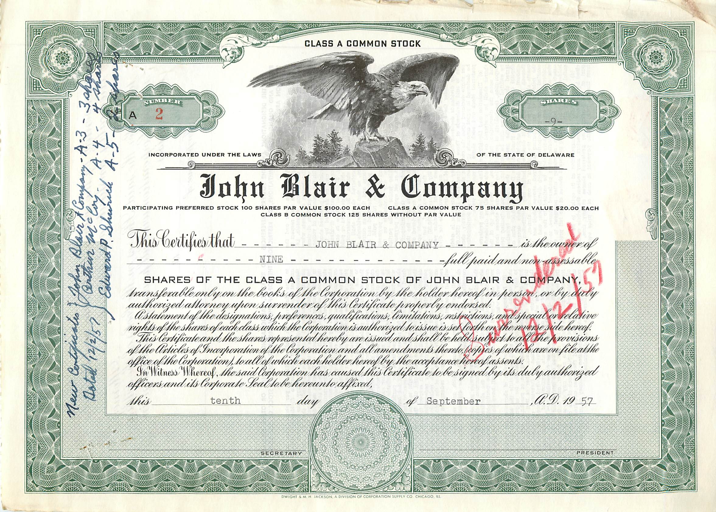 Azione della società John Blair & Company — Classe A Common Stock — Editore Dwight & M. H. Jackson, Chicago