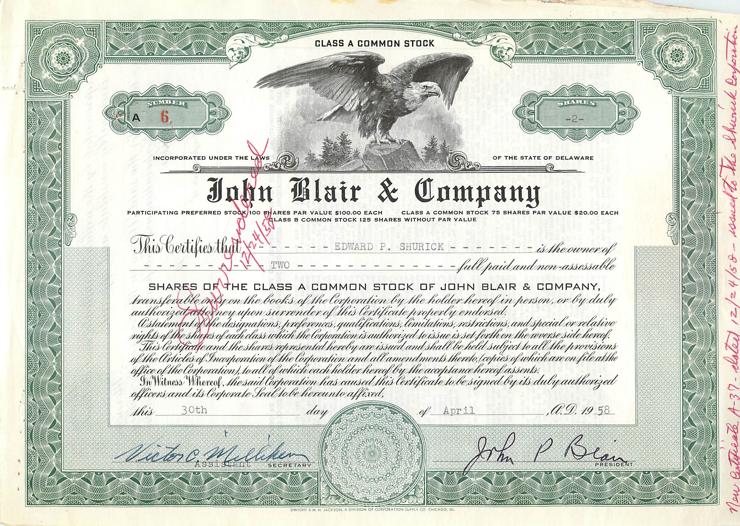 Action de société John Blair & Company — action de classe A — éditeur Dwight S.M. Jackson, Chicago, IL