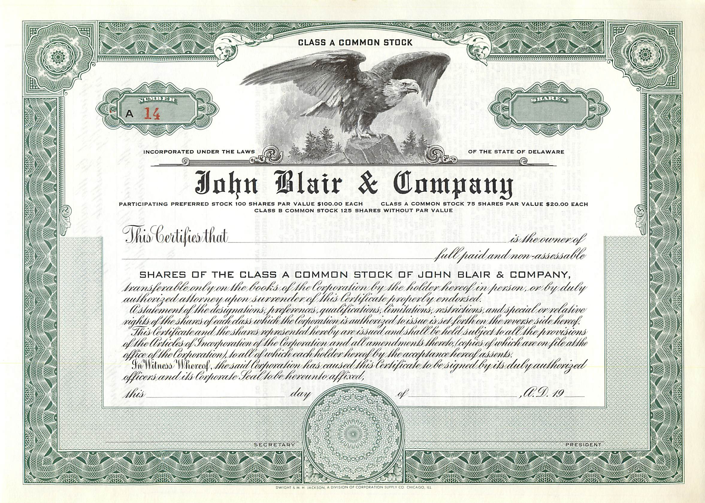 Aandelenbewijs van de maatschappij John Blair & Company — uitgever Dwight S.M.H. Jackson, Division of Corporation Supply Co, Chicago, IL