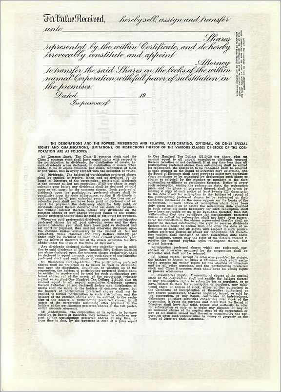 Aandelenbewijs van de maatschappij John Blair & Company — uitgever Dwight S.M.H. Jackson, Division of Corporation Supply Co, Chicago, IL — Achterkant