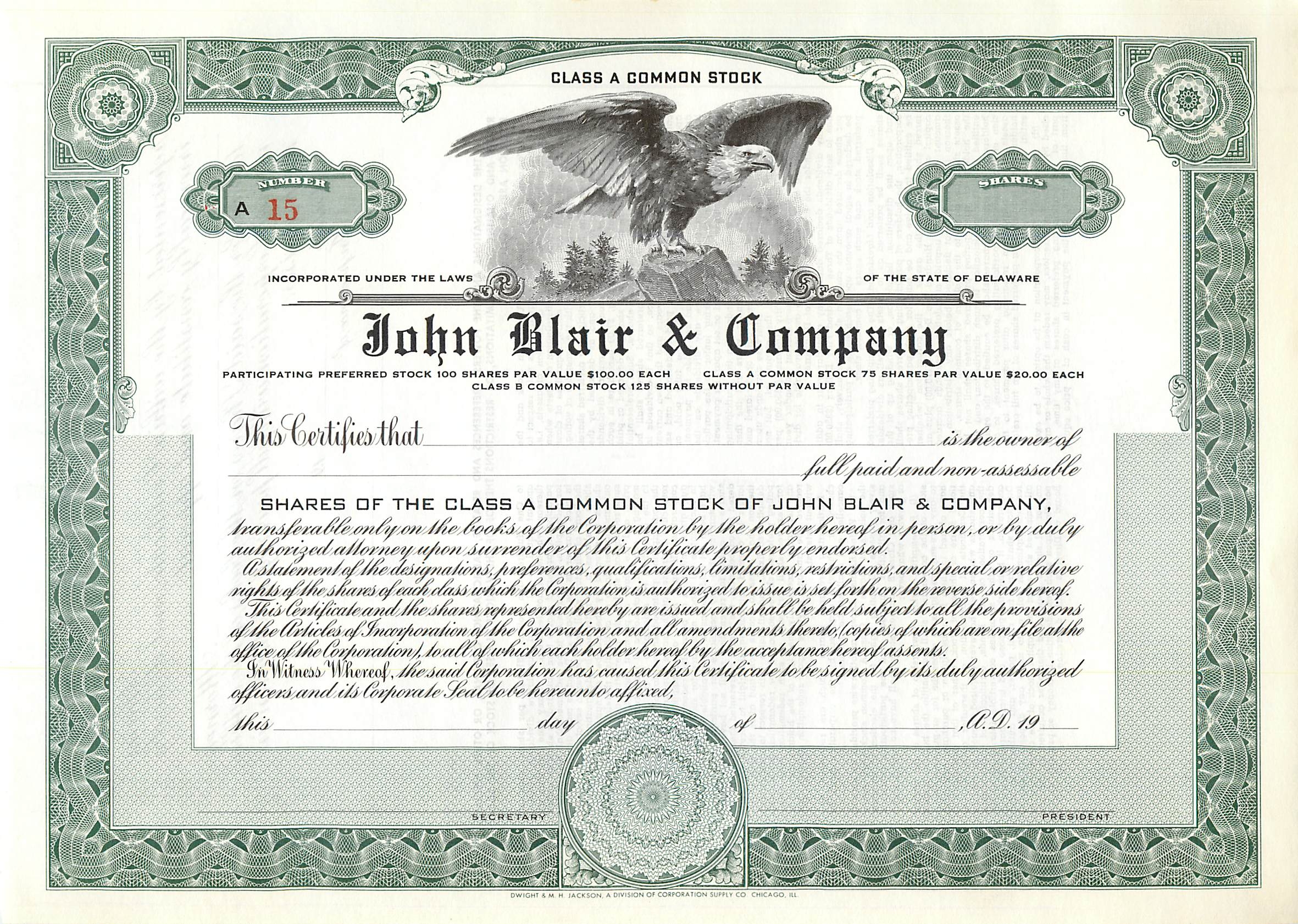 Aandelenbewijs van de maatschappij John Blair & Company — uitgever Dwight M. H. Jackson, Chicago, IL