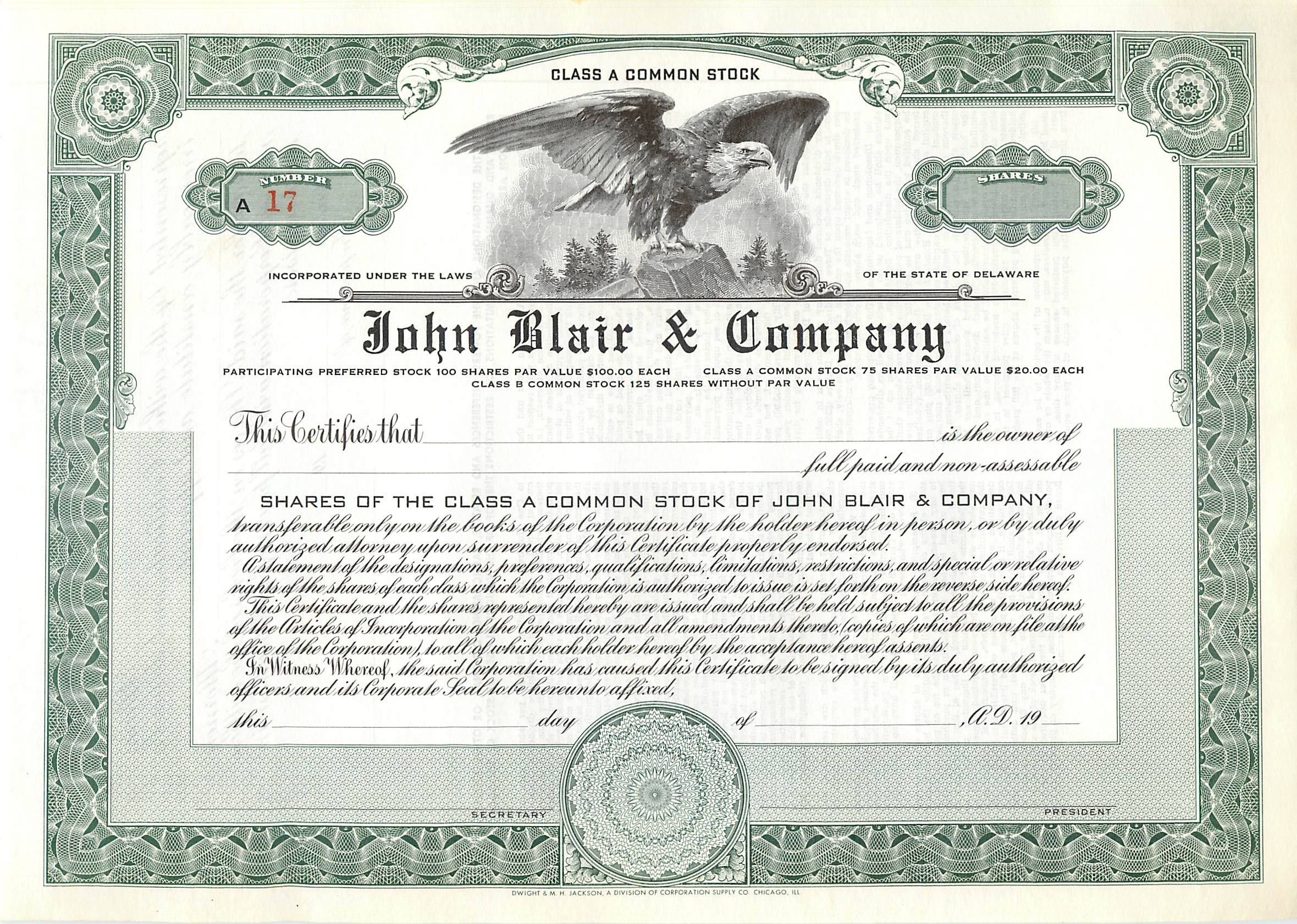 Action de société John Blair & Company — Class A Common Stock — éditeur Dwight & M. H. Jackson, Chicago, IL