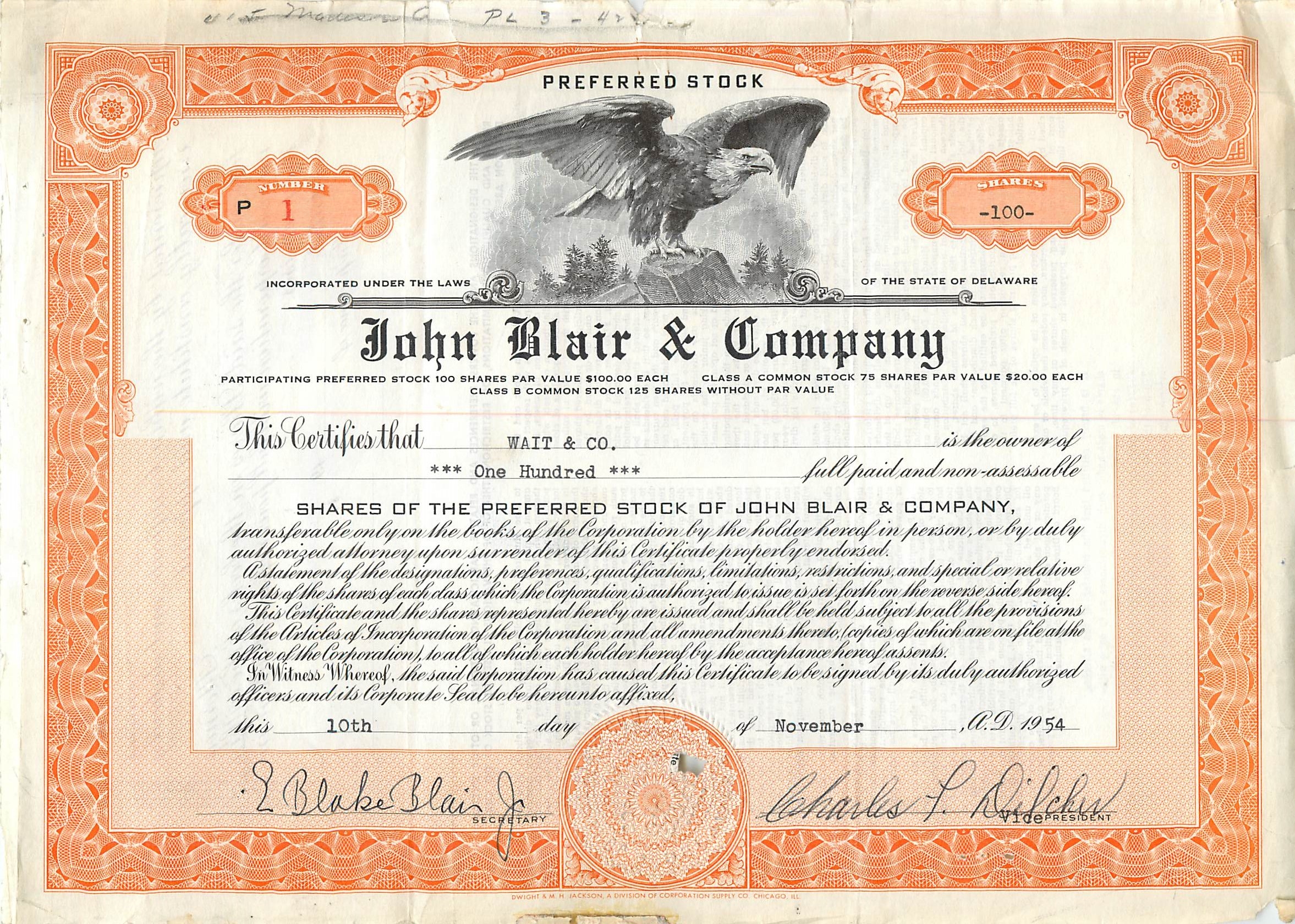 Certificat de parts préférentielles — John Blair & Company — éditeur : Wright & M. H. Jackson, Chicago