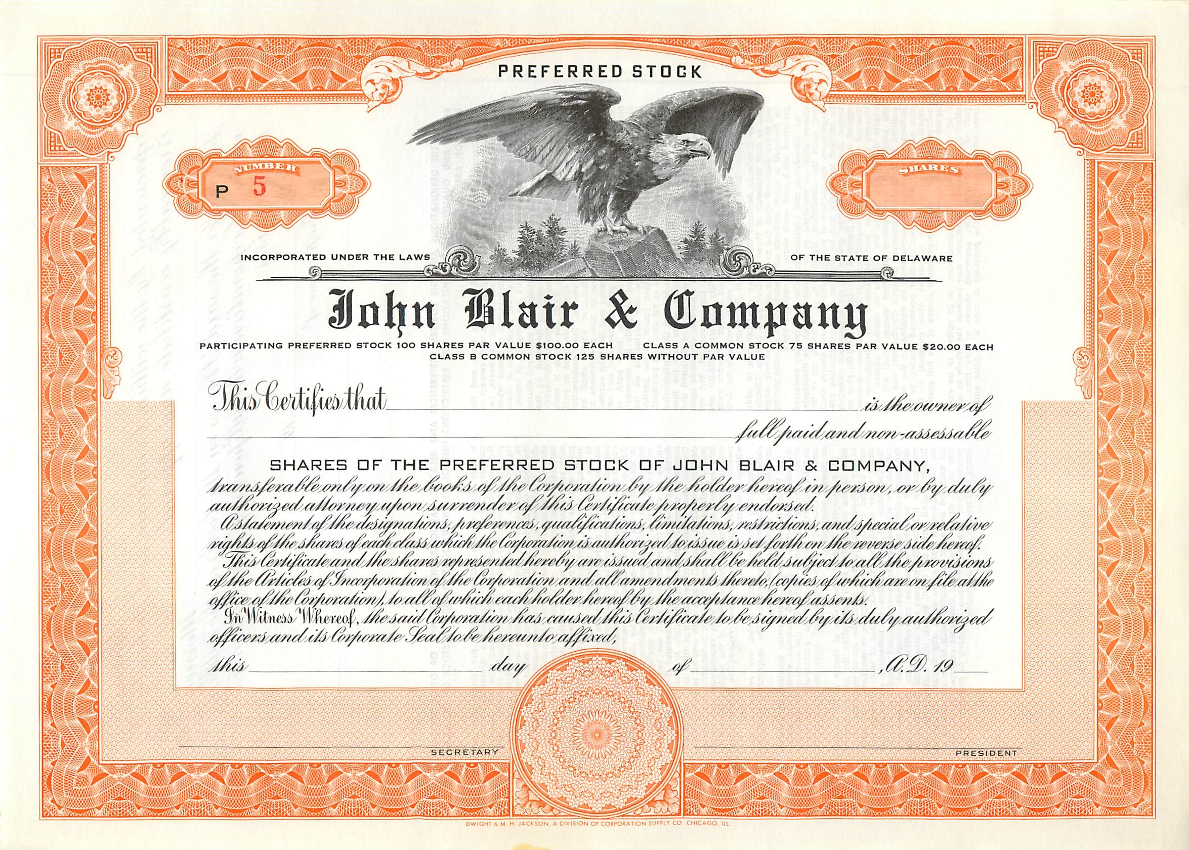 Zertifikat für Vorzugsaktien — John Blair & Company — Verlag Dwight S. M. H. Jackson, Chicago, IL