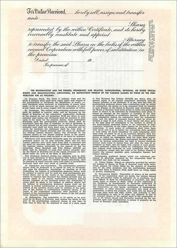 Zertifikat für Vorzugsaktien — John Blair & Company — Verlag Dwight S. M. H. Jackson, Chicago, IL — Rückseite