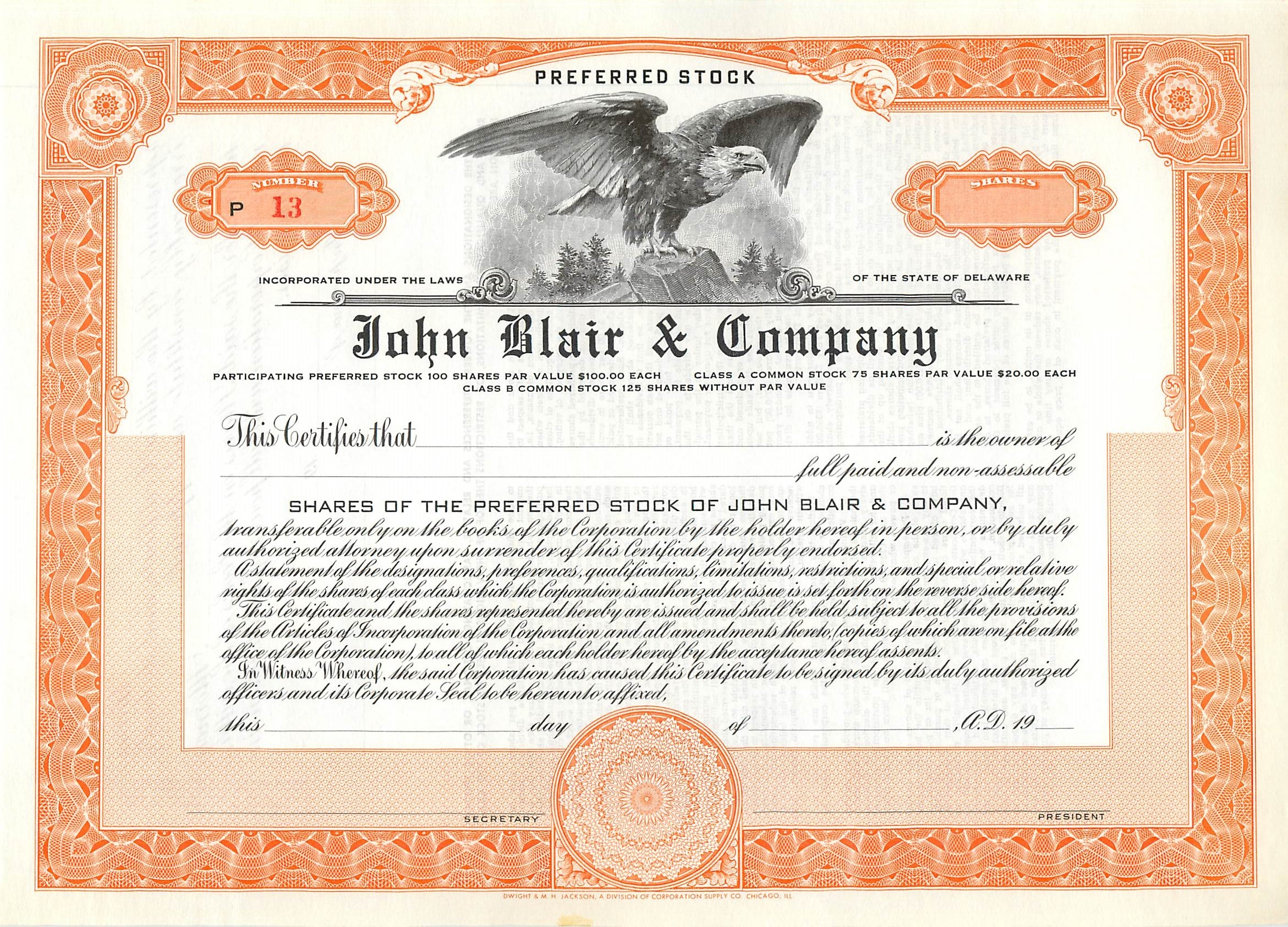 Action de participation préférentielle — John Blair & Company — éditeur Dwight & M. H. Jackson, Chicago