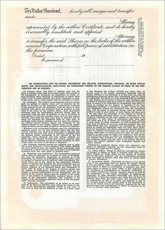 Certificaat van voorkeursaandelen — John Blair & Company — Delaware — Achterkant