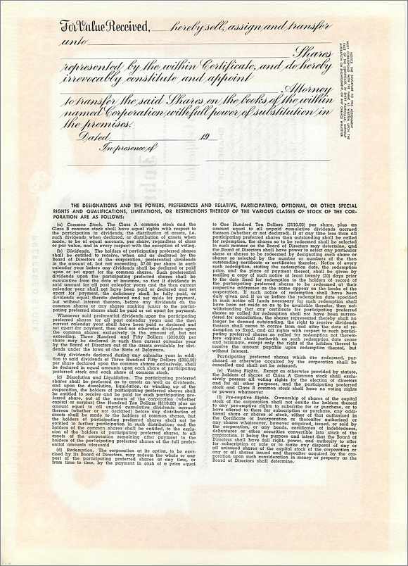 Certificado de acciones preferentes — John Blair & Company — Delaware — Reverso