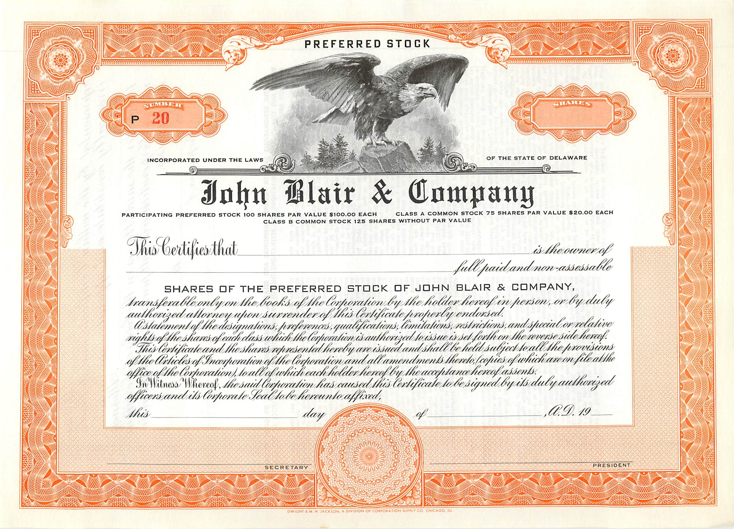 Actionnaire de John Blair & Company — certificat de préférence — éditeur Dwight & M. H. Jackson, Chicago