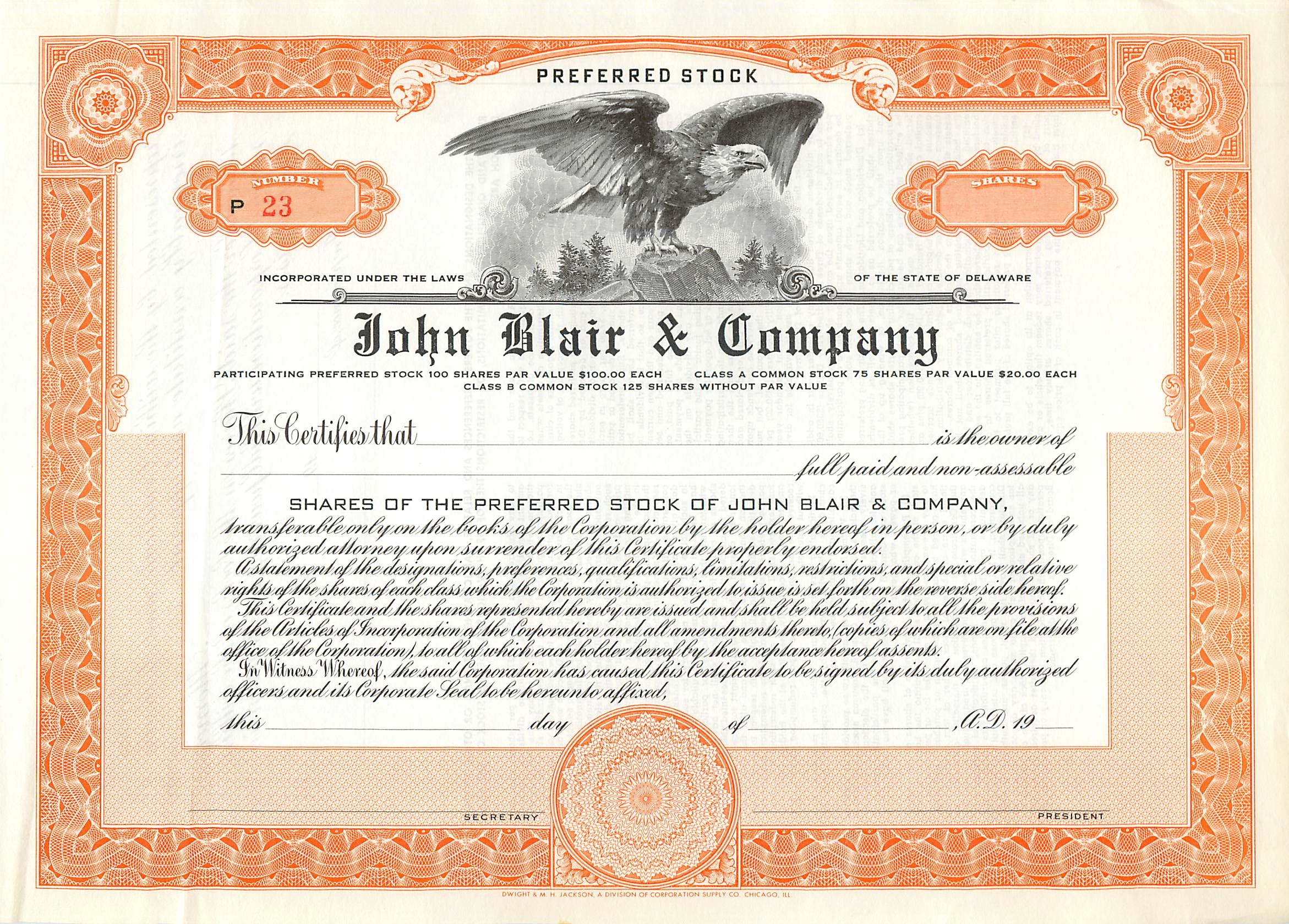 Certyfikat udziałów preferencyjnych — John Blair & Company — wydawca Dwight & M. H. Jackson, Chicago, IL