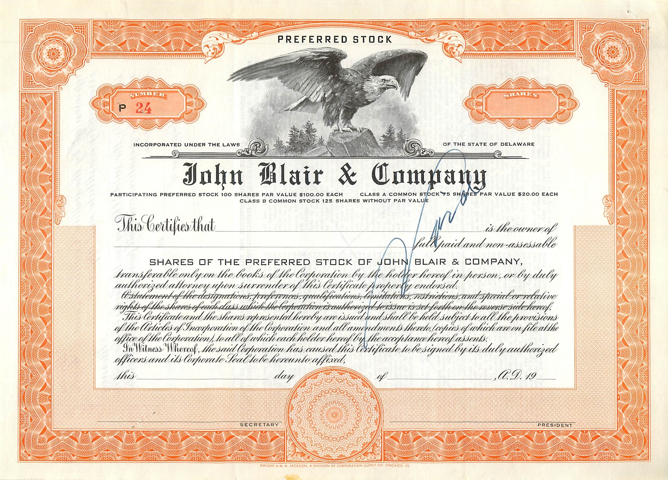 Certificaat van voorkeursaandelen — John Blair & Company — uitgever Dwight & M. H. Jackson, Chicago