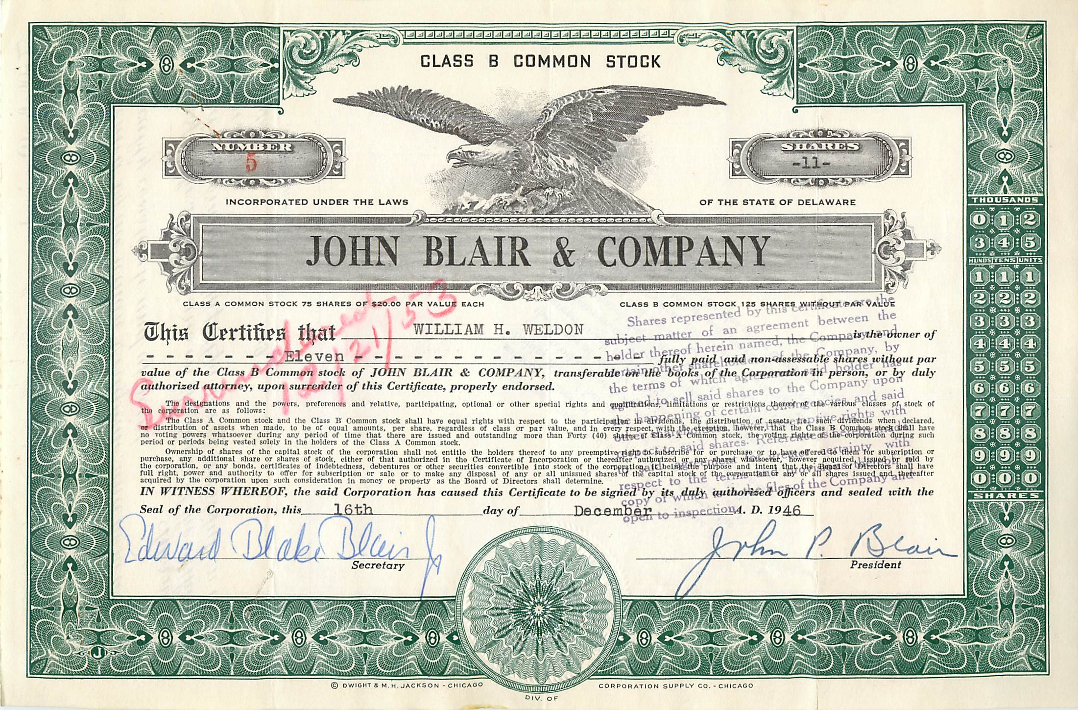Certificat de parts de classe B — John Blair & Company — éditeur Dwight & M.H. Jackson, Chicago