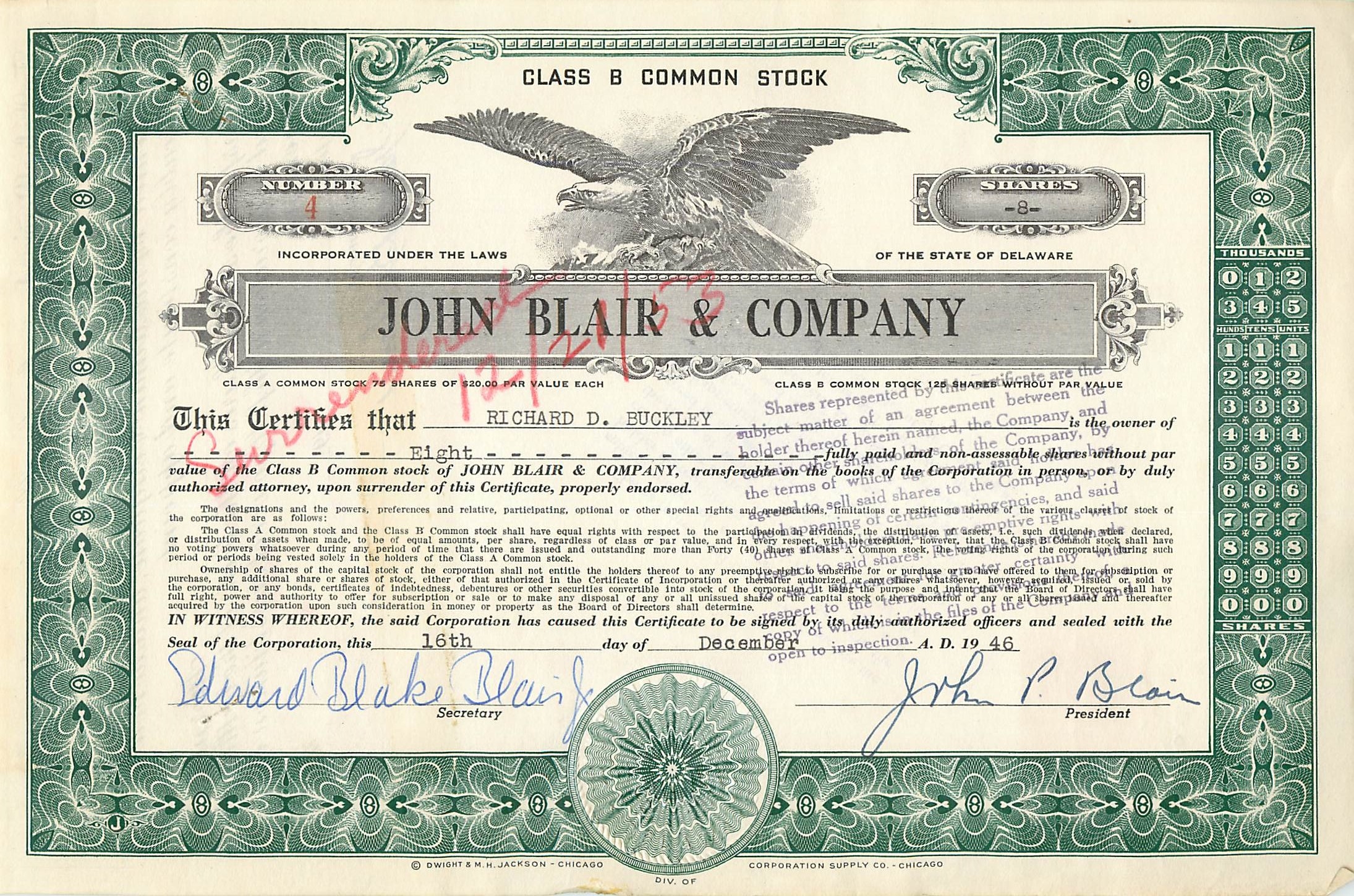 Certificado de acciones de la sociedad John Blair & Company — Clase B — N°4 — 16 de diciembre de 1946