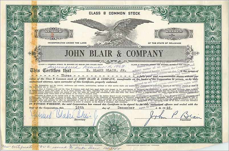 Acción de la sociedad John Blair & Company — certificado de 3 acciones de clase B — editor Corporation Supply Co. Chicago