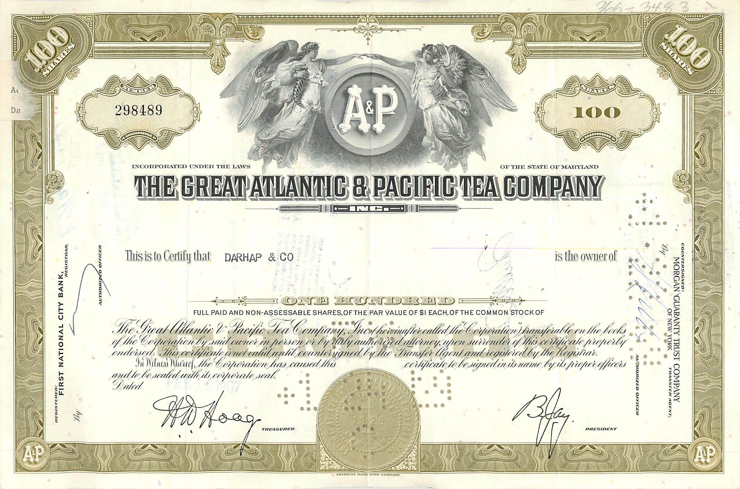 Aandeel van de Great Atlantic & Pacific Tea Company — 100 aandelen — uitgever First National City Bank