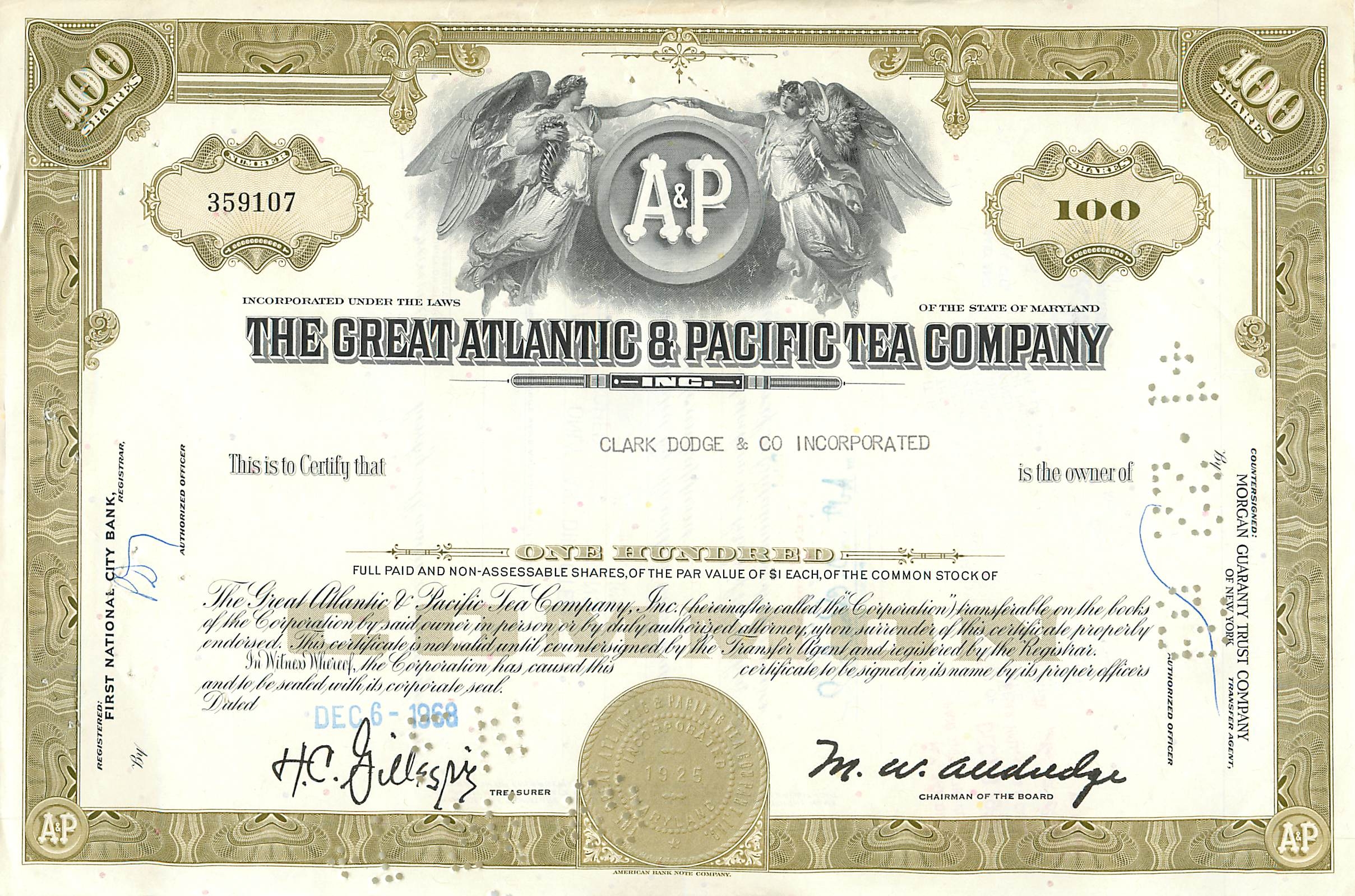 Action de la Great Atlantic & Pacific Tea Company — 100 actions — éditeur Morgan Guaranty Trust Company
