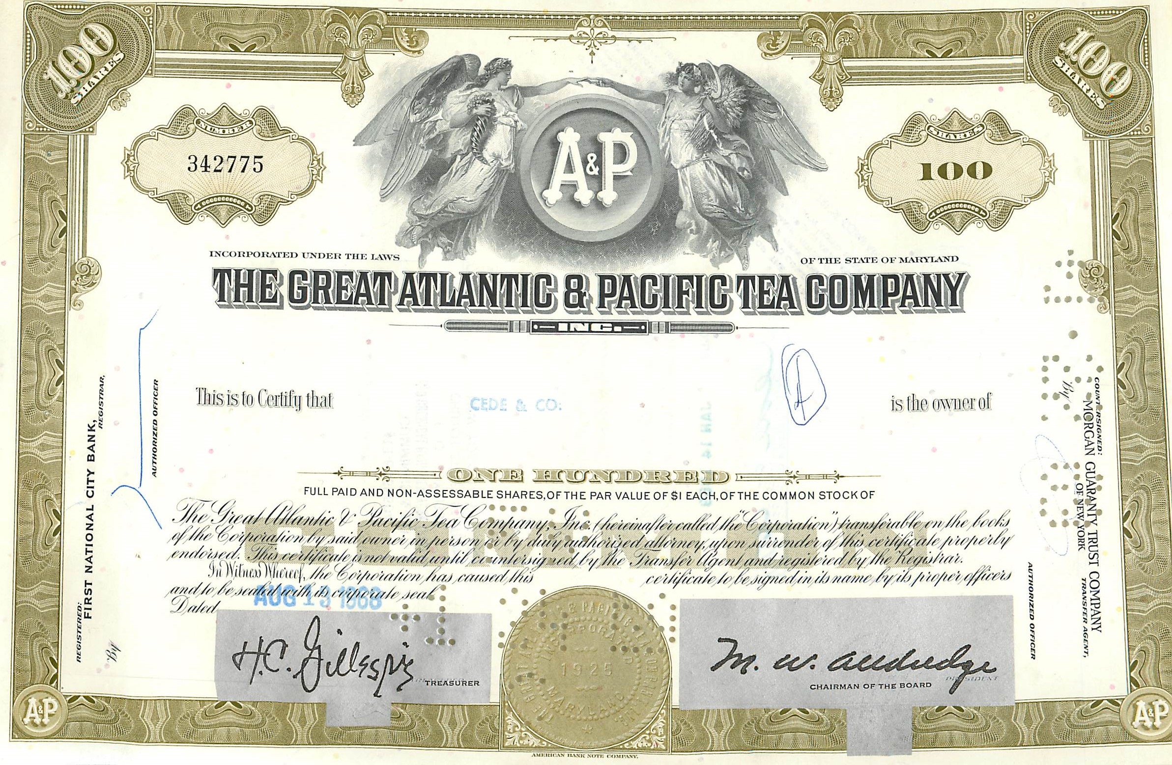 Zertifikat für 100 Aktien der Great Atlantic & Pacific Tea Company — Verlag American Bank Note Company, Nr. 342775